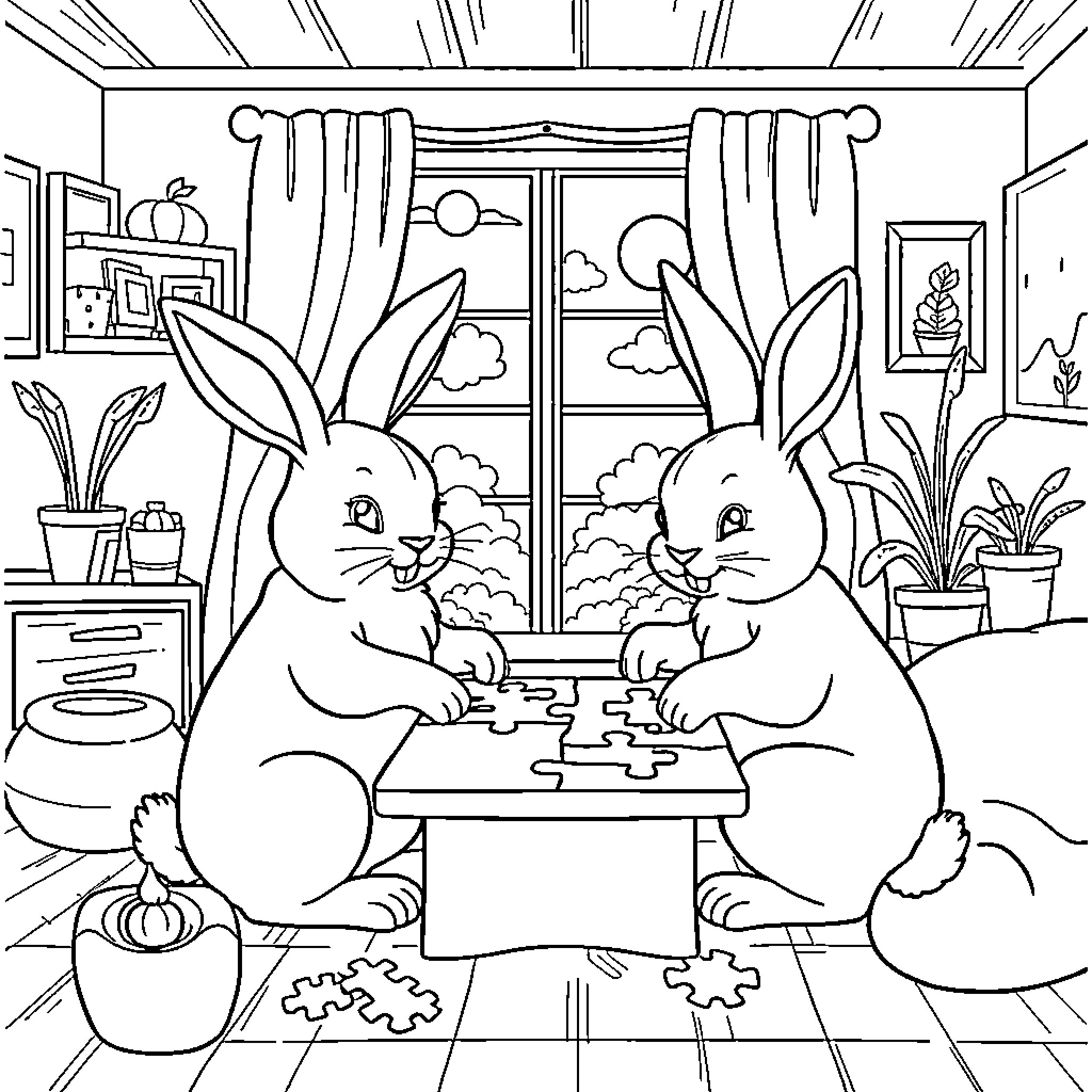 Bunnies playing puzzles in cozy room Coloring Page (free black-and-white line drawing printable PDF for all, from beginners to advanced learners, including children, teens, adults, and seniors)