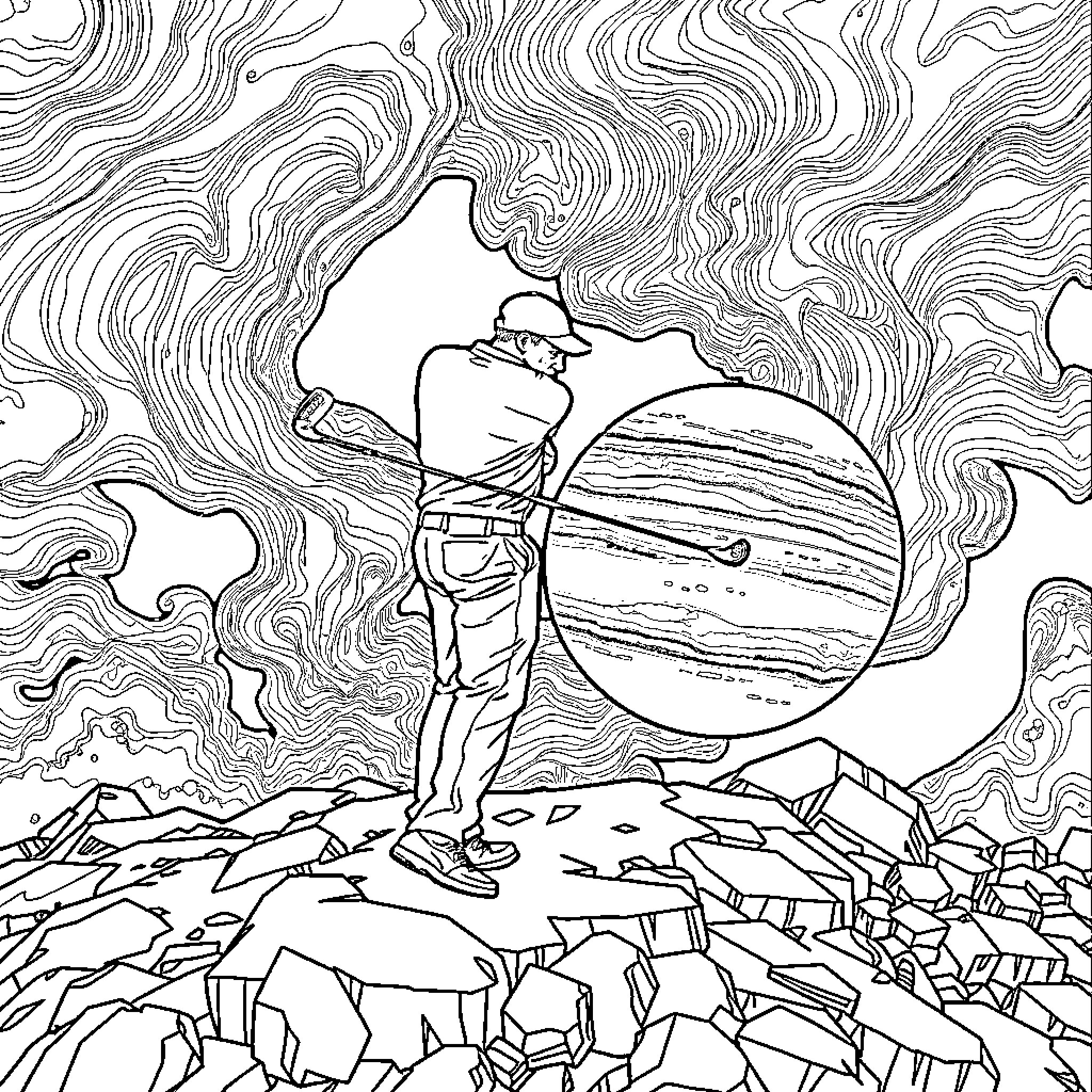 Tiger Woods Golfing in a Mystical Landscape Coloring Page (free black-and-white line drawing printable PDF for all, from beginners to advanced learners, including children, teens, adults, and seniors)