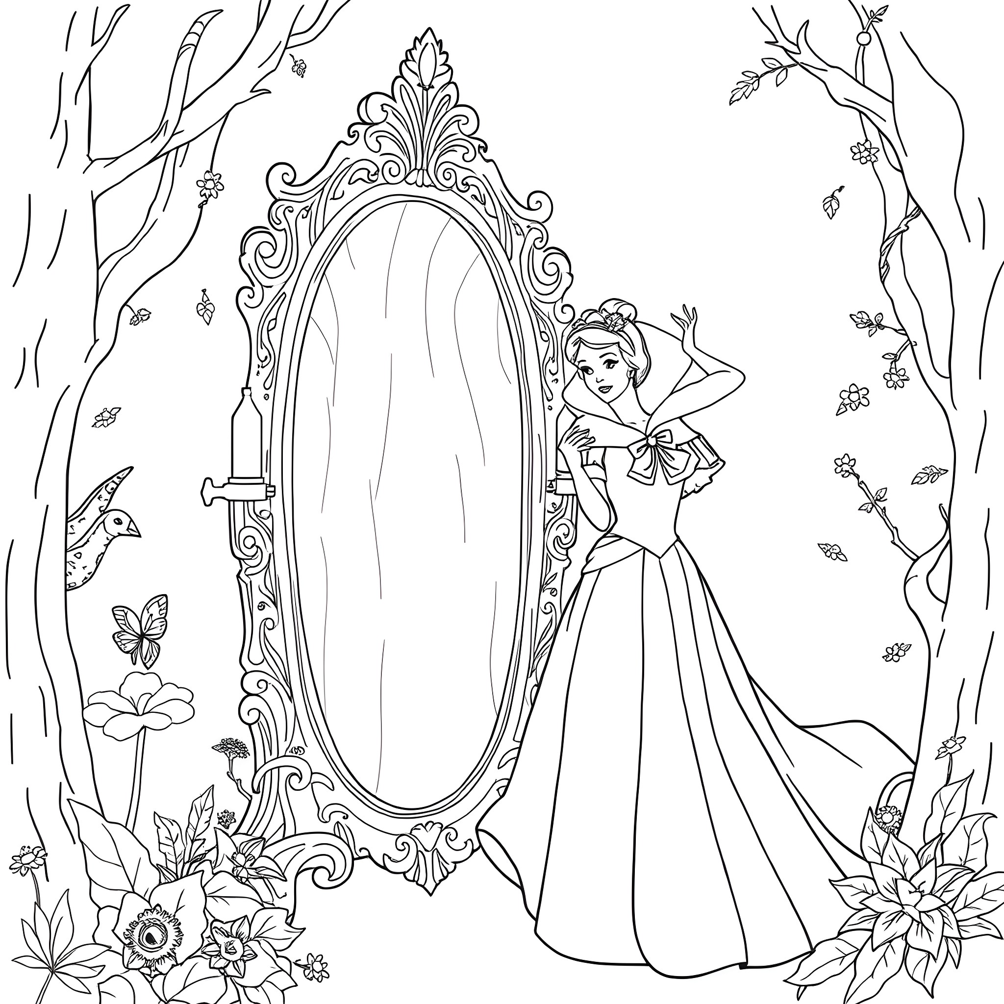 Magic Mirror with Enchanted Princess in Woodland Scene Coloring Page (free black-and-white line drawing printable PDF for all, from beginners to advanced learners, including children, teens, adults, and seniors)