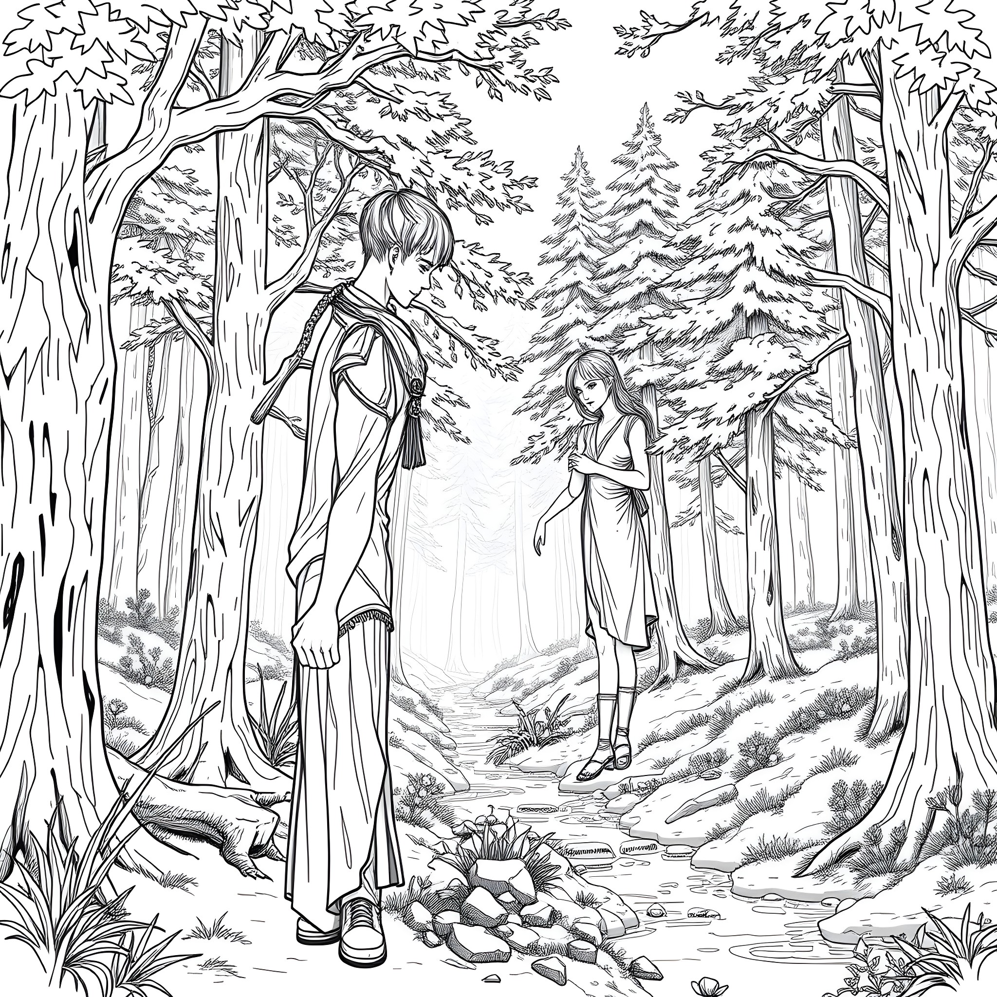 Edward Cullen contemplating in the enchanted forest Coloring Page (free black-and-white line drawing printable PDF for all, from beginners to advanced learners, including children, teens, adults, and seniors)