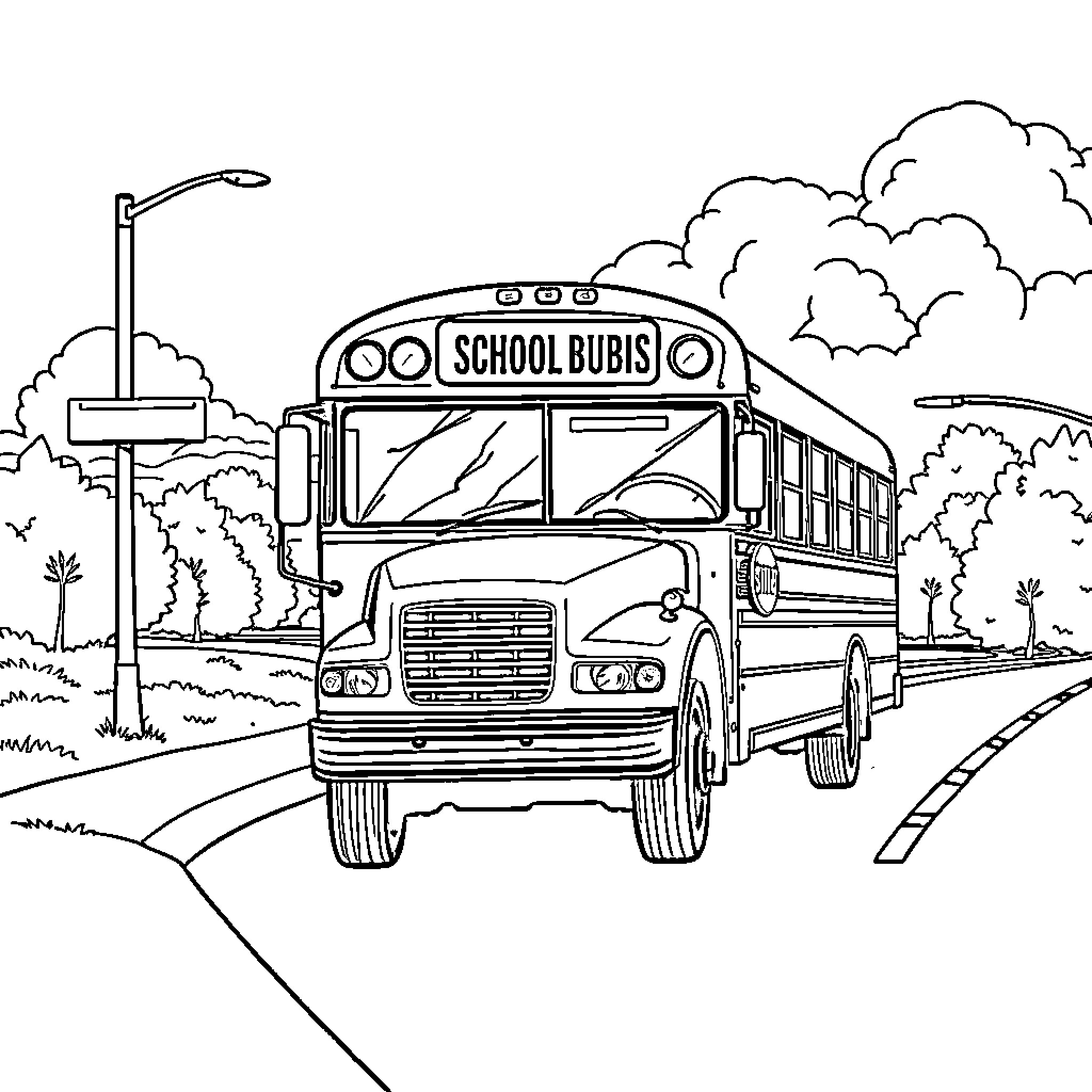 Bus transporting students on a scenic road Coloring Page (free black-and-white line drawing printable PDF for all, from beginners to advanced learners, including children, teens, adults, and seniors)