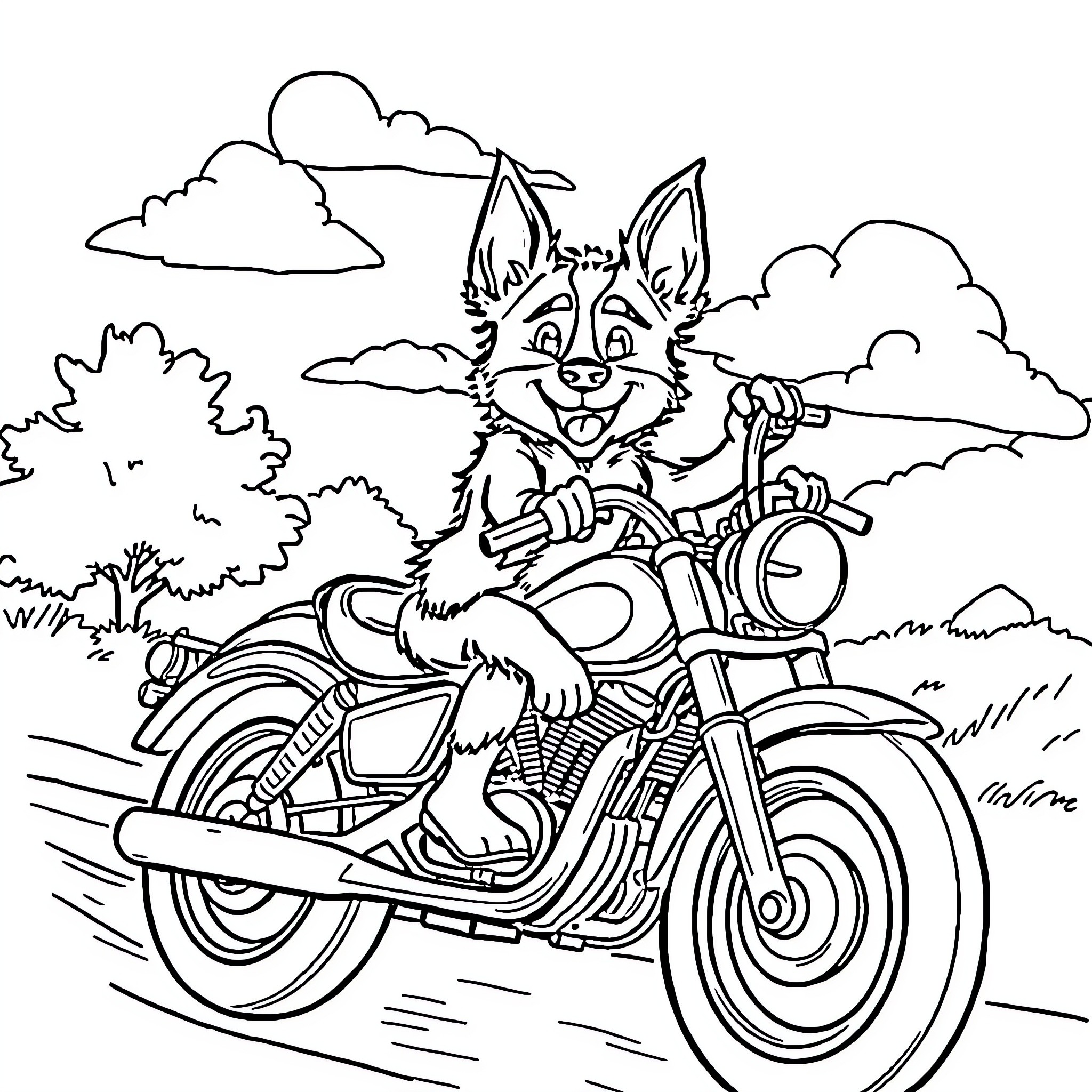 Bluey riding a motorcycle in the countryside Coloring Page (free black-and-white line drawing printable PDF for all, from beginners to advanced learners, including children, teens, adults, and seniors)