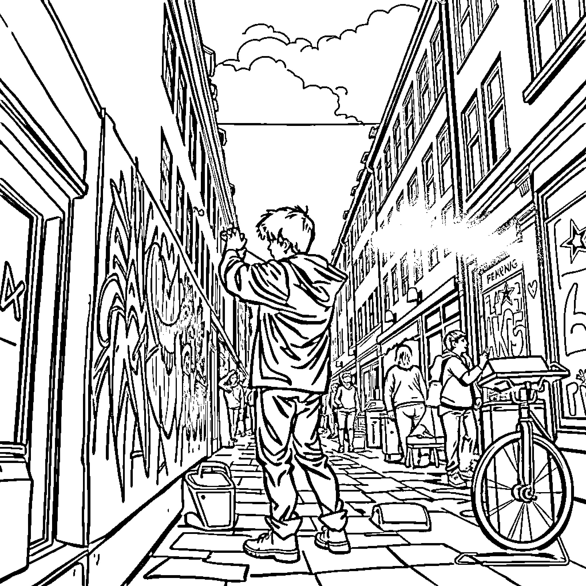 Teen artist expressing themselves on urban street Coloring Page (free black-and-white line drawing printable PDF for all, from beginners to advanced learners, including children, teens, adults, and seniors)
