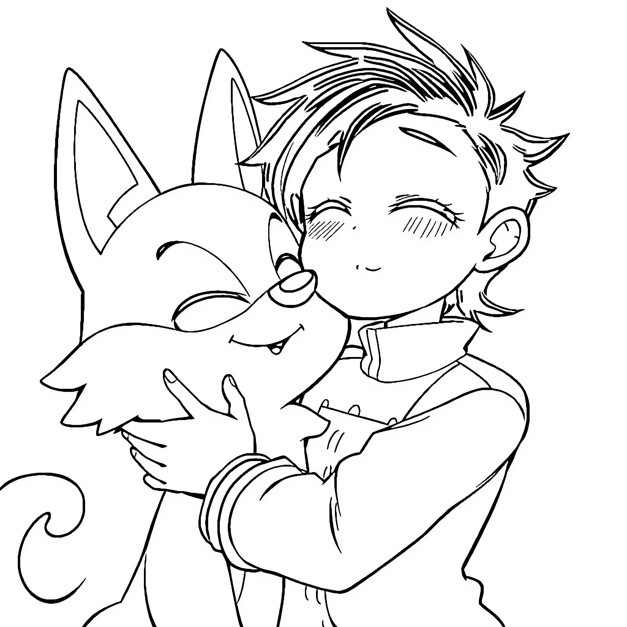 Kuromi cuddling with cute animal companion Coloring Page (free black-and-white line drawing printable PDF for all, from beginners to advanced learners, including children, teens, adults, and seniors)