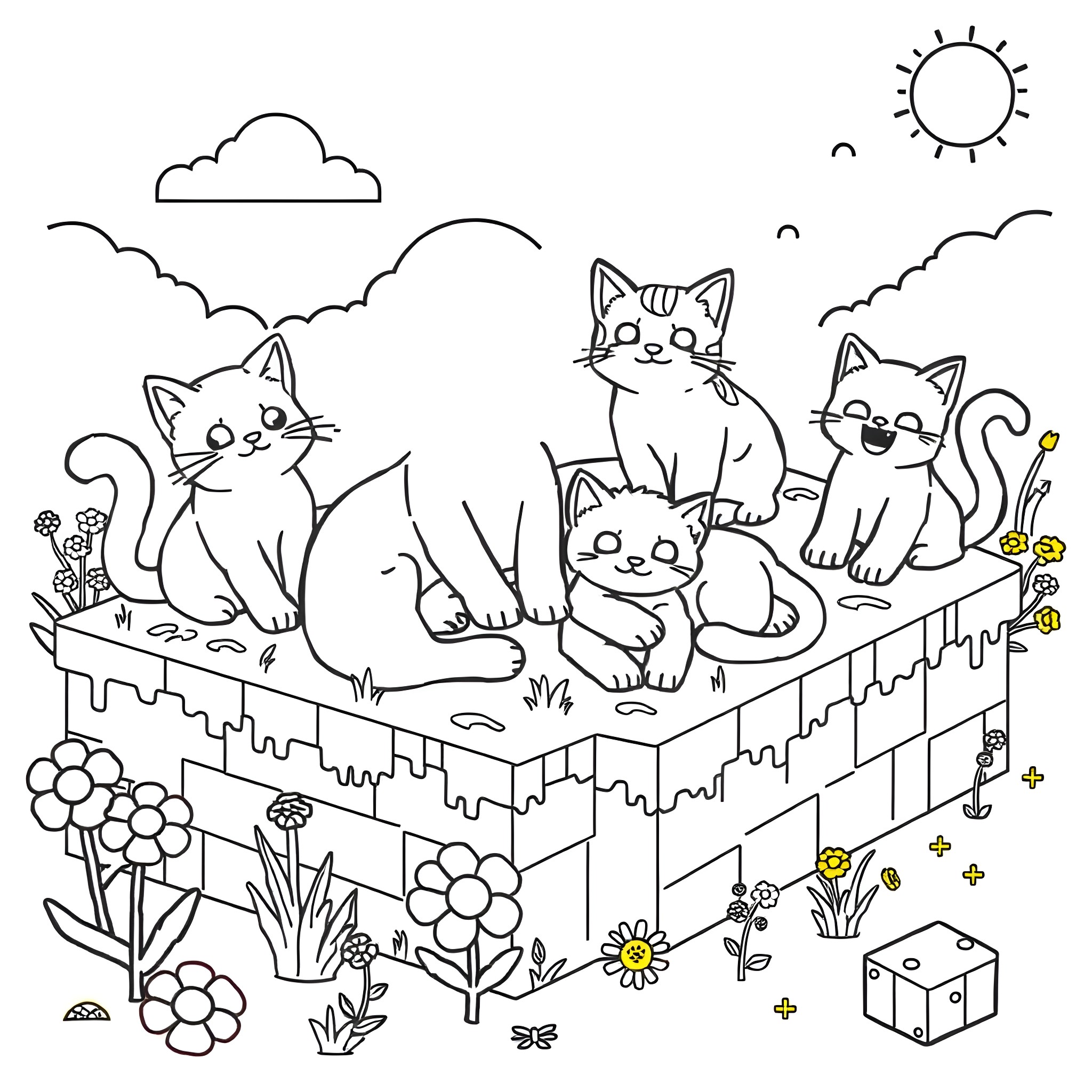 Cat Companions Enjoying the Outdoors Coloring Page (free black-and-white line drawing printable PDF for all, from beginners to advanced learners, including children, teens, adults, and seniors)