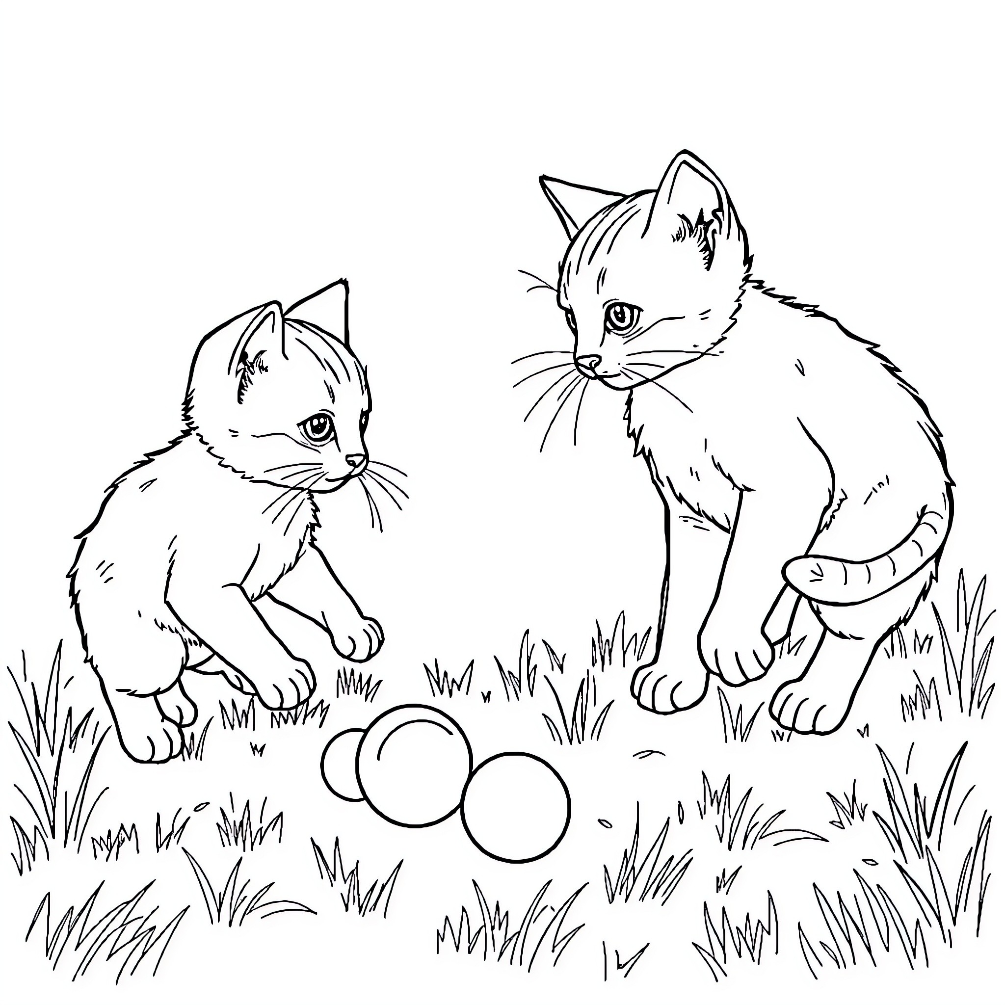 Kittens Playing with Balls in the Grass Coloring Page (free black-and-white line drawing printable PDF for all, from beginners to advanced learners, including children, teens, adults, and seniors)