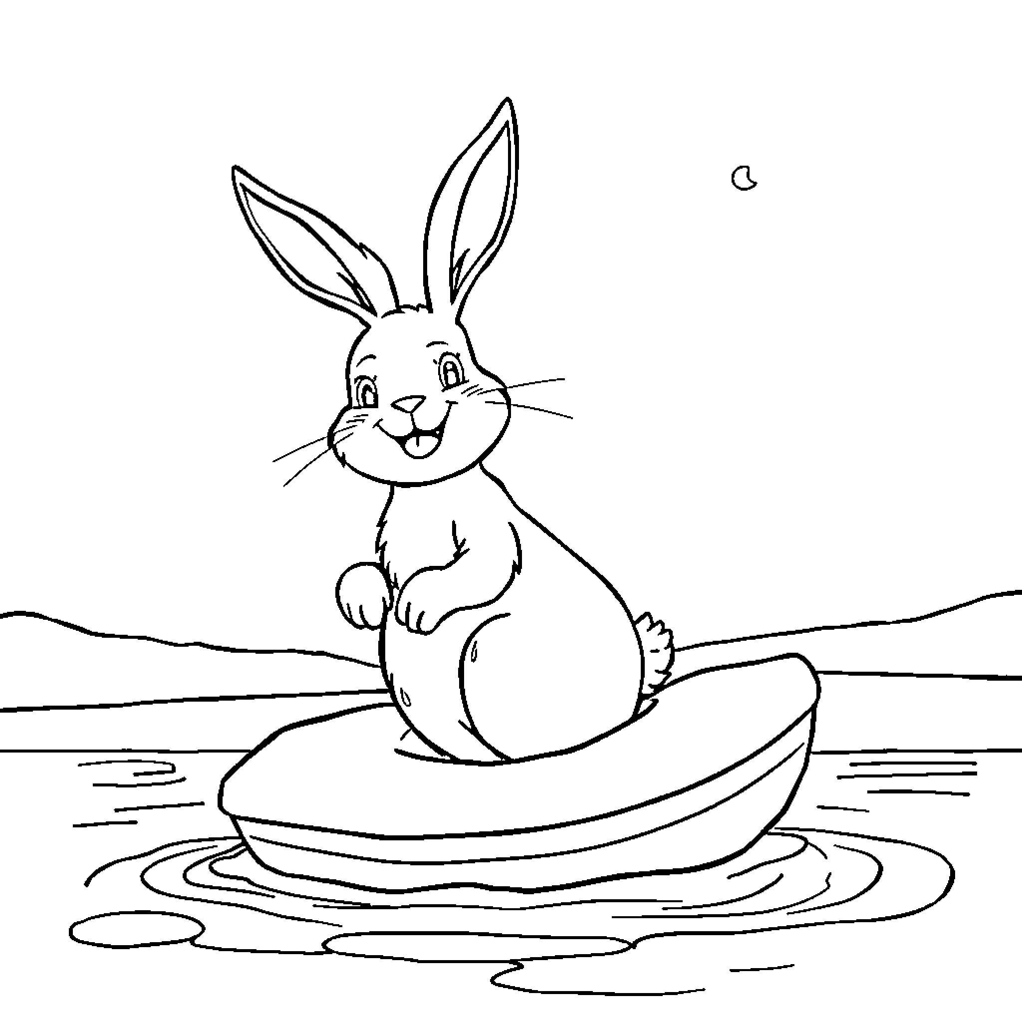 Hase enjoying a boat ride on the lake Coloring Page (free black-and-white line drawing printable PDF for all, from beginners to advanced learners, including children, teens, adults, and seniors)