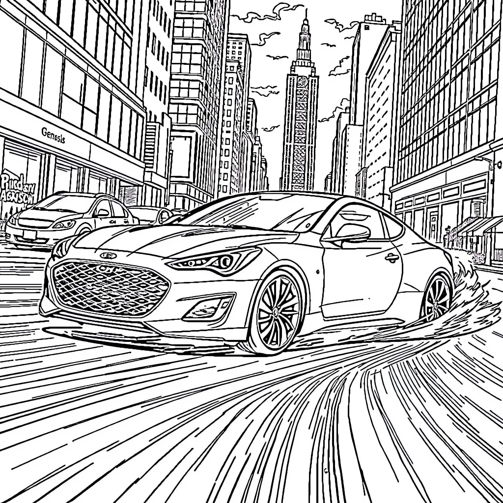 Genesis Coupe in the Bustling City Coloring Page (free black-and-white line drawing printable PDF for all, from beginners to advanced learners, including children, teens, adults, and seniors)