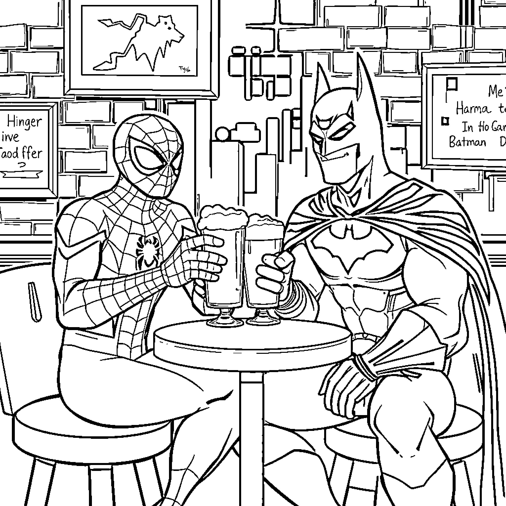 Spiderman and Batman having a friendly chat Coloring Page (free black-and-white line drawing printable PDF for all, from beginners to advanced learners, including children, teens, adults, and seniors)