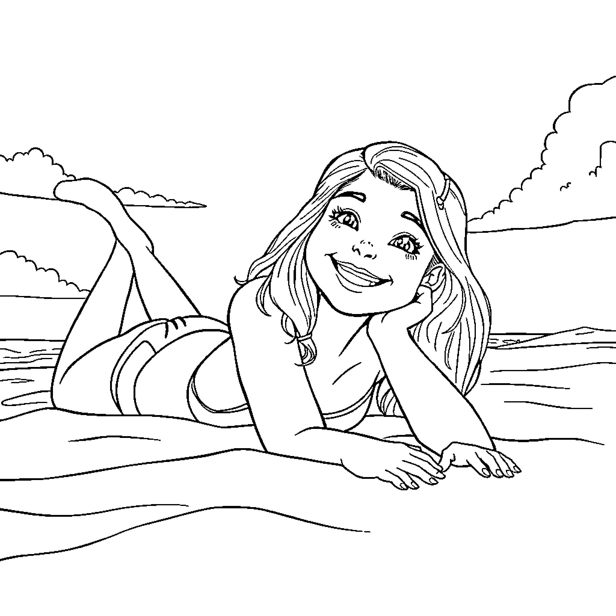 Girl relaxing and enjoying the beach scene Coloring Page (free black-and-white line drawing printable PDF for all, from beginners to advanced learners, including children, teens, adults, and seniors)