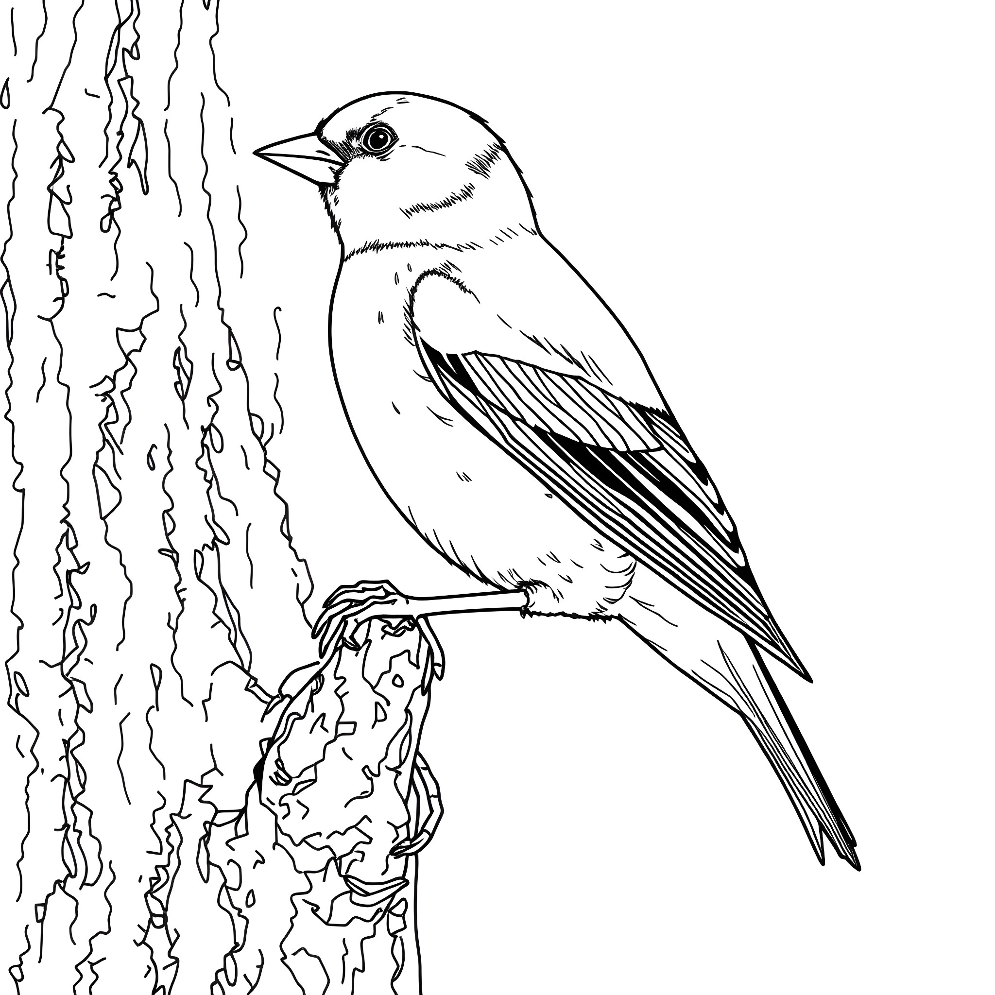 Goldfinch perched on tree branch Coloring Page (free black-and-white line drawing printable PDF for all, from beginners to advanced learners, including children, teens, adults, and seniors)