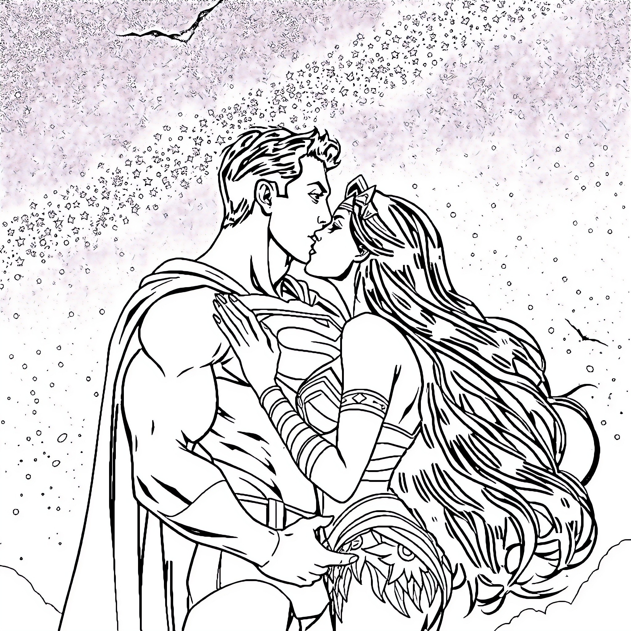 Superman and Wonder Woman in a passionate embrace Coloring Page (free black-and-white line drawing printable PDF for all, from beginners to advanced learners, including children, teens, adults, and seniors)