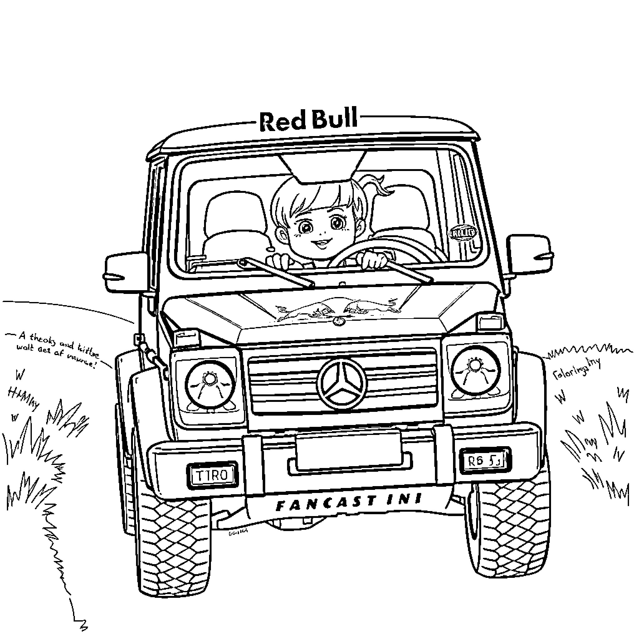 Girl driving a Red Bull off-road vehicle Coloring Page (free black-and-white line drawing printable PDF for all, from beginners to advanced learners, including children, teens, adults, and seniors)