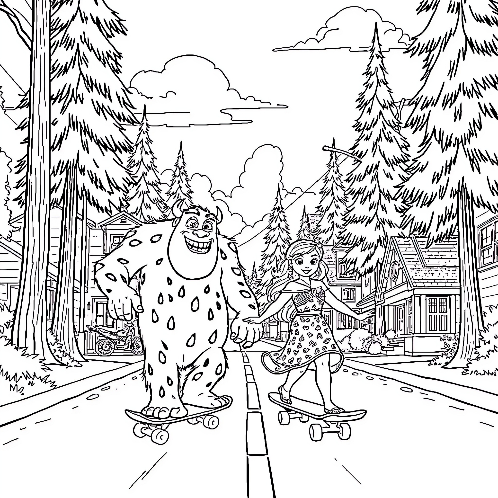 Moana and her monstrous friend skateboarding through the woods Coloring Page (free black-and-white line drawing printable PDF for all, from beginners to advanced learners, including children, teens, adults, and seniors)