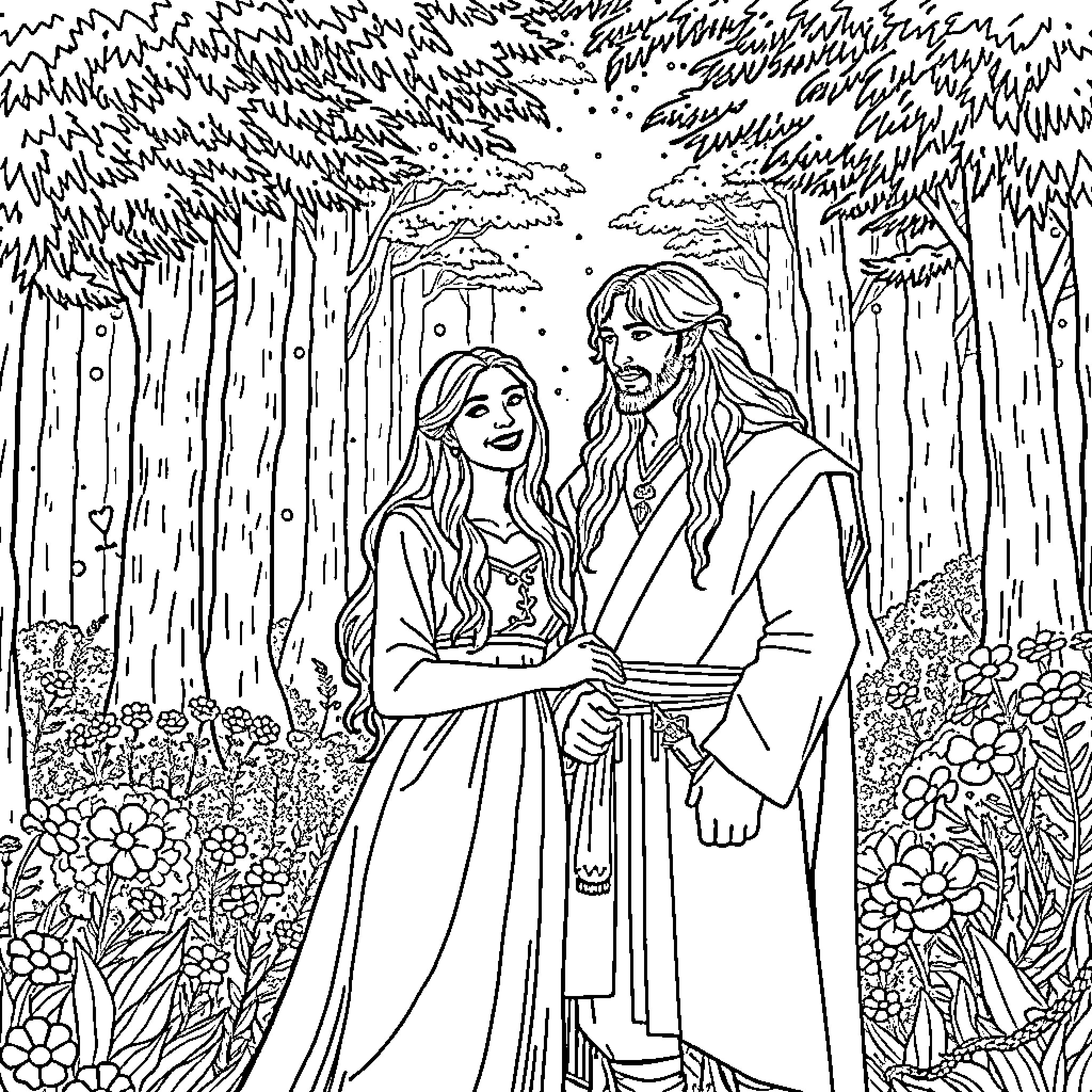 Wedding Ceremony in the Enchanted Forest Coloring Page (free black-and-white line drawing printable PDF for all, from beginners to advanced learners, including children, teens, adults, and seniors)