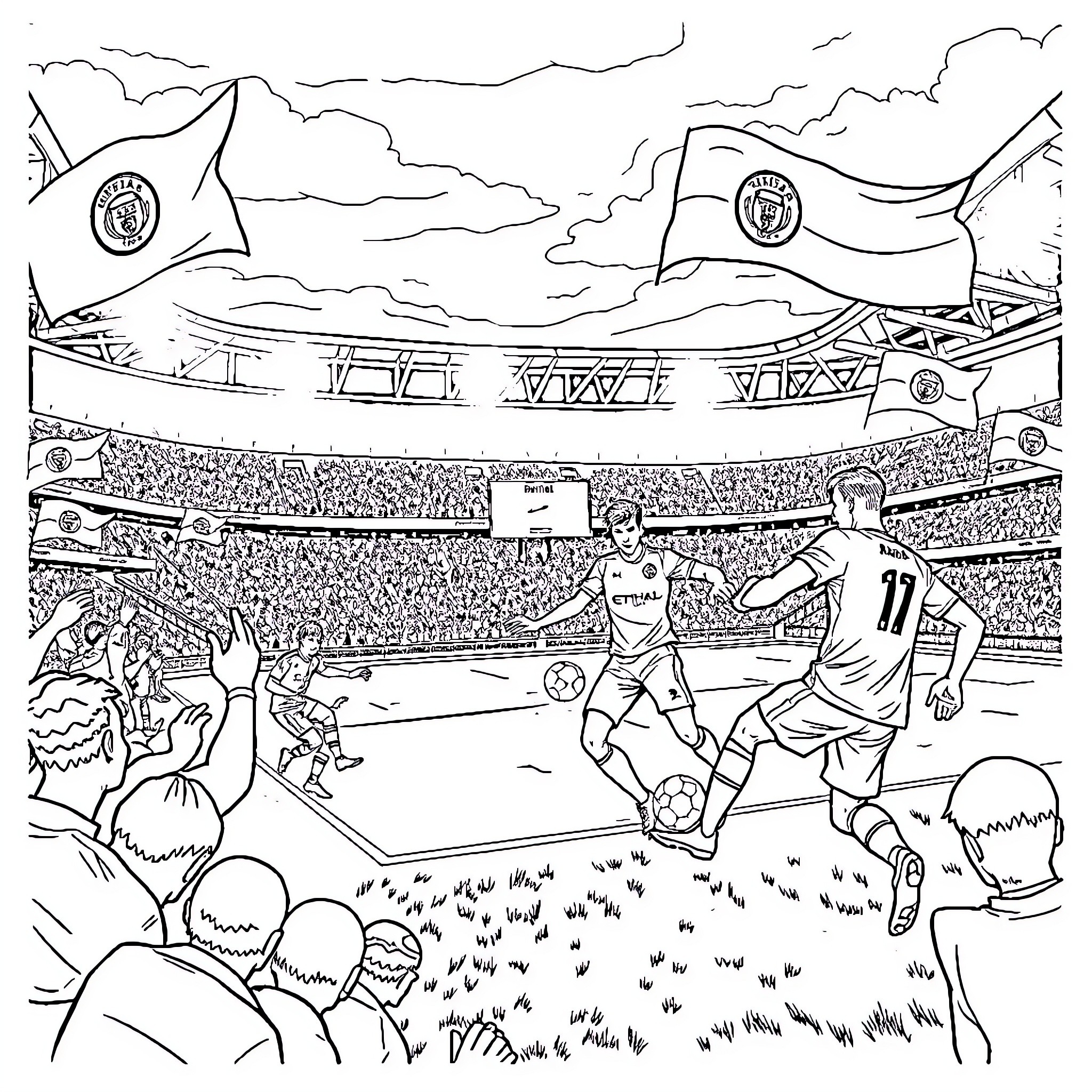 Football players competing on the field before cheering crowd Coloring Page (free black-and-white line drawing printable PDF for all, from beginners to advanced learners, including children, teens, adults, and seniors)
