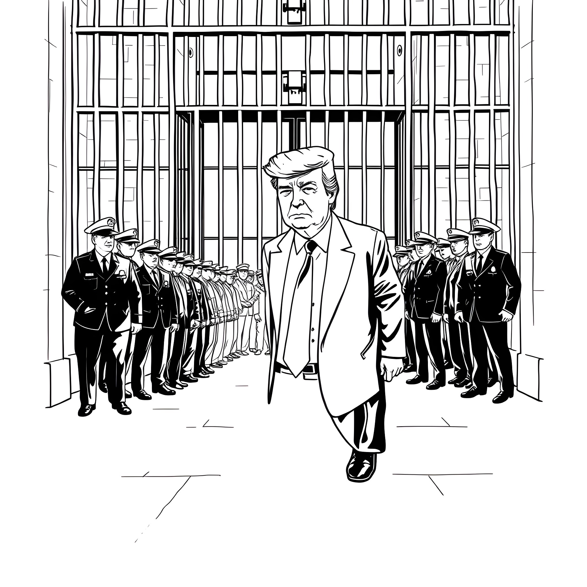 Donald Trump in Prison Coloring Page (free black-and-white line drawing printable PDF for all, from beginners to advanced learners, including children, teens, adults, and seniors)