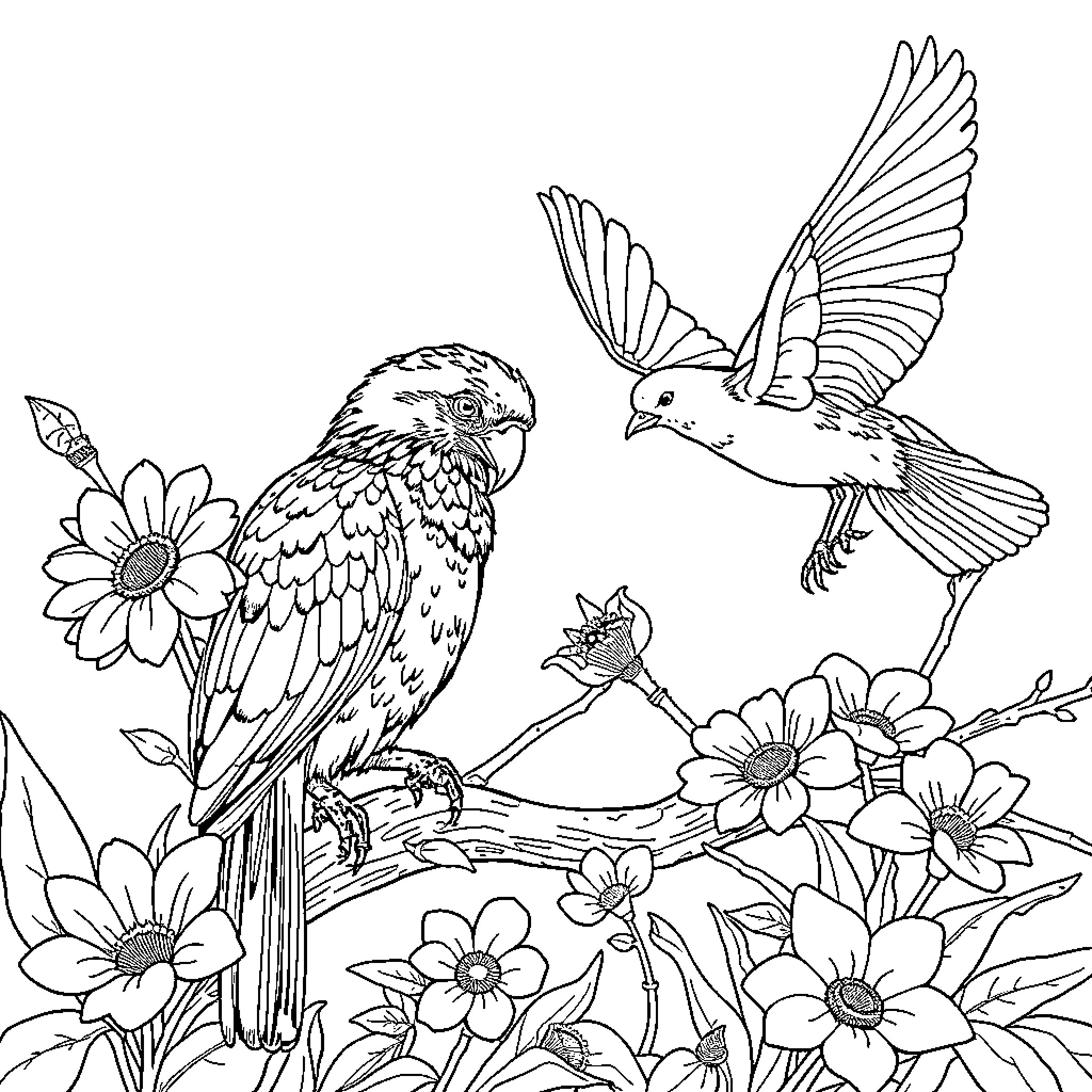 Squirrel birds surrounded by colorful flowers Coloring Page (free black-and-white line drawing printable PDF for all, from beginners to advanced learners, including children, teens, adults, and seniors)