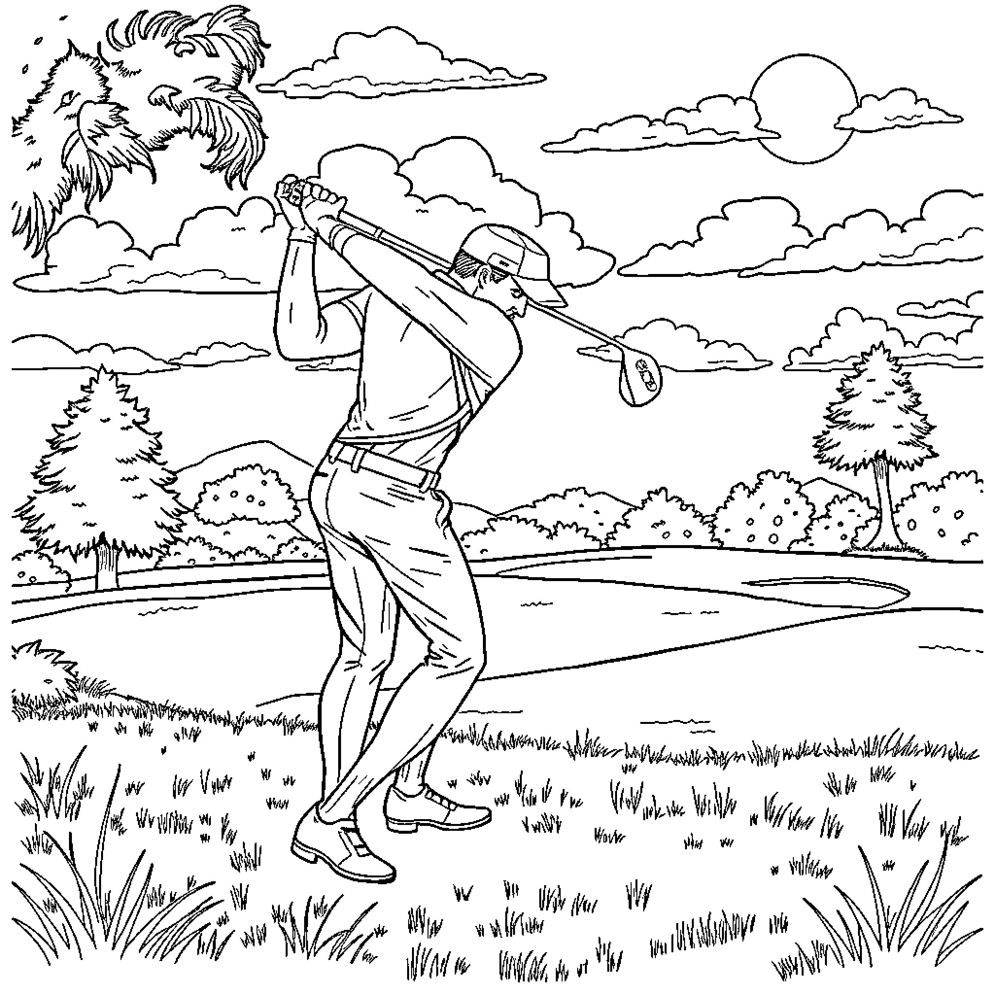 Aquaman golfing in the beautiful outdoors Coloring Page (free black-and-white line drawing printable PDF for all, from beginners to advanced learners, including children, teens, adults, and seniors)