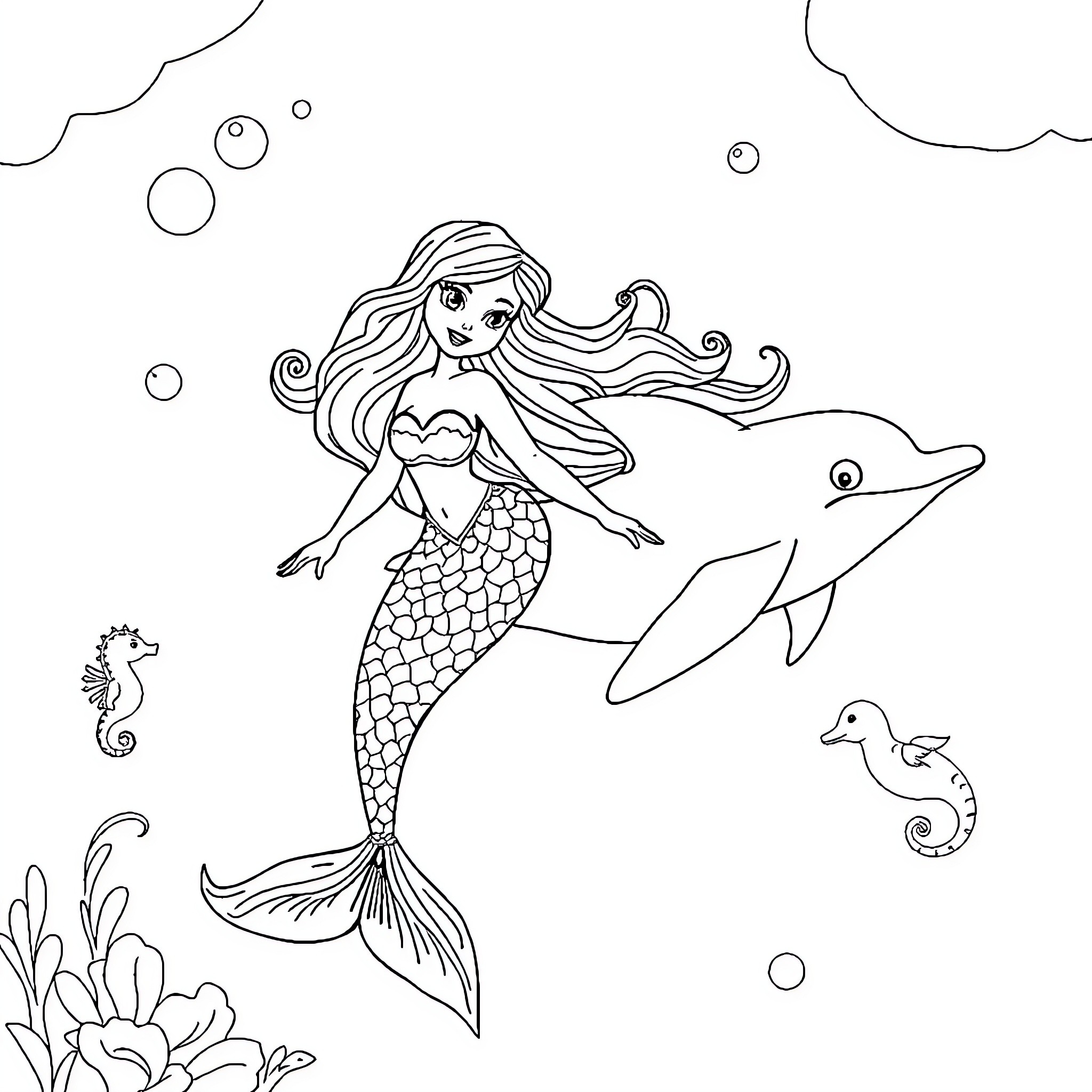 Mermaid swimming with dolphins and sea creatures Coloring Page (free black-and-white line drawing printable PDF for all, from beginners to advanced learners, including children, teens, adults, and seniors)