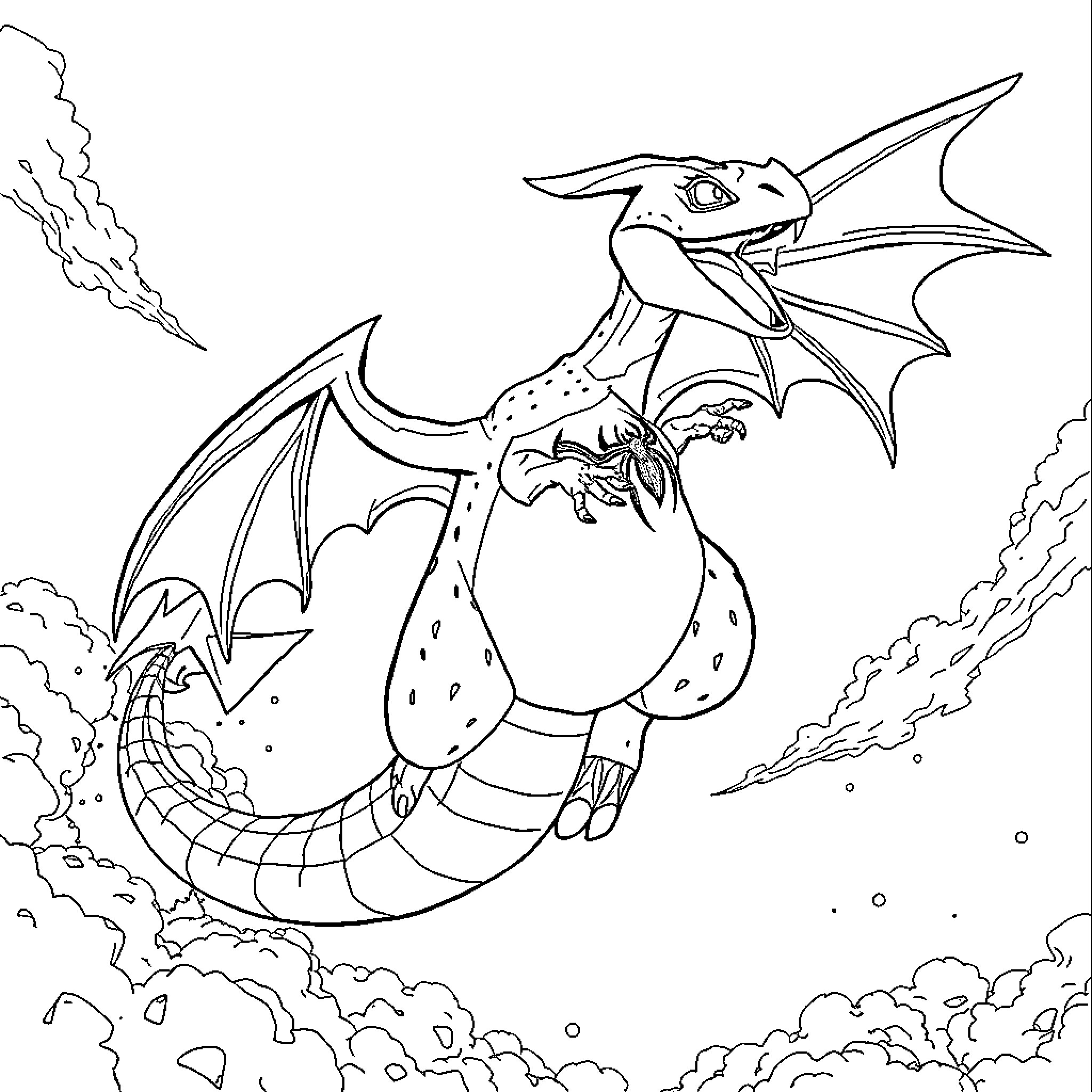 Charizard soaring through the cloudy skies Coloring Page (free black-and-white line drawing printable PDF for all, from beginners to advanced learners, including children, teens, adults, and seniors)
