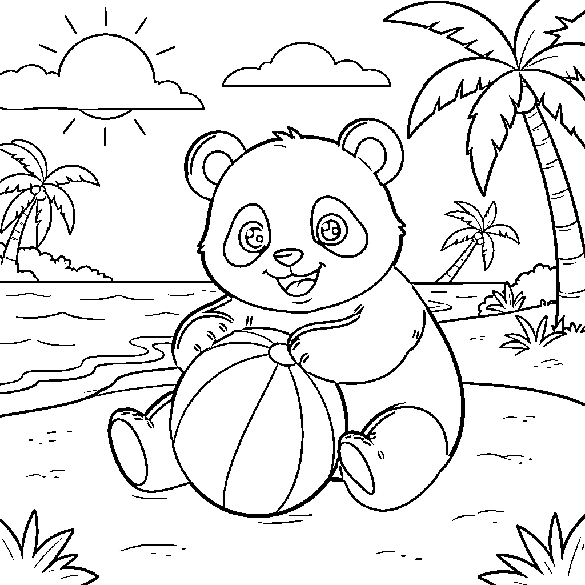 Panda relaxing on the beach Coloring Page (free black-and-white line drawing printable PDF for all, from beginners to advanced learners, including children, teens, adults, and seniors)