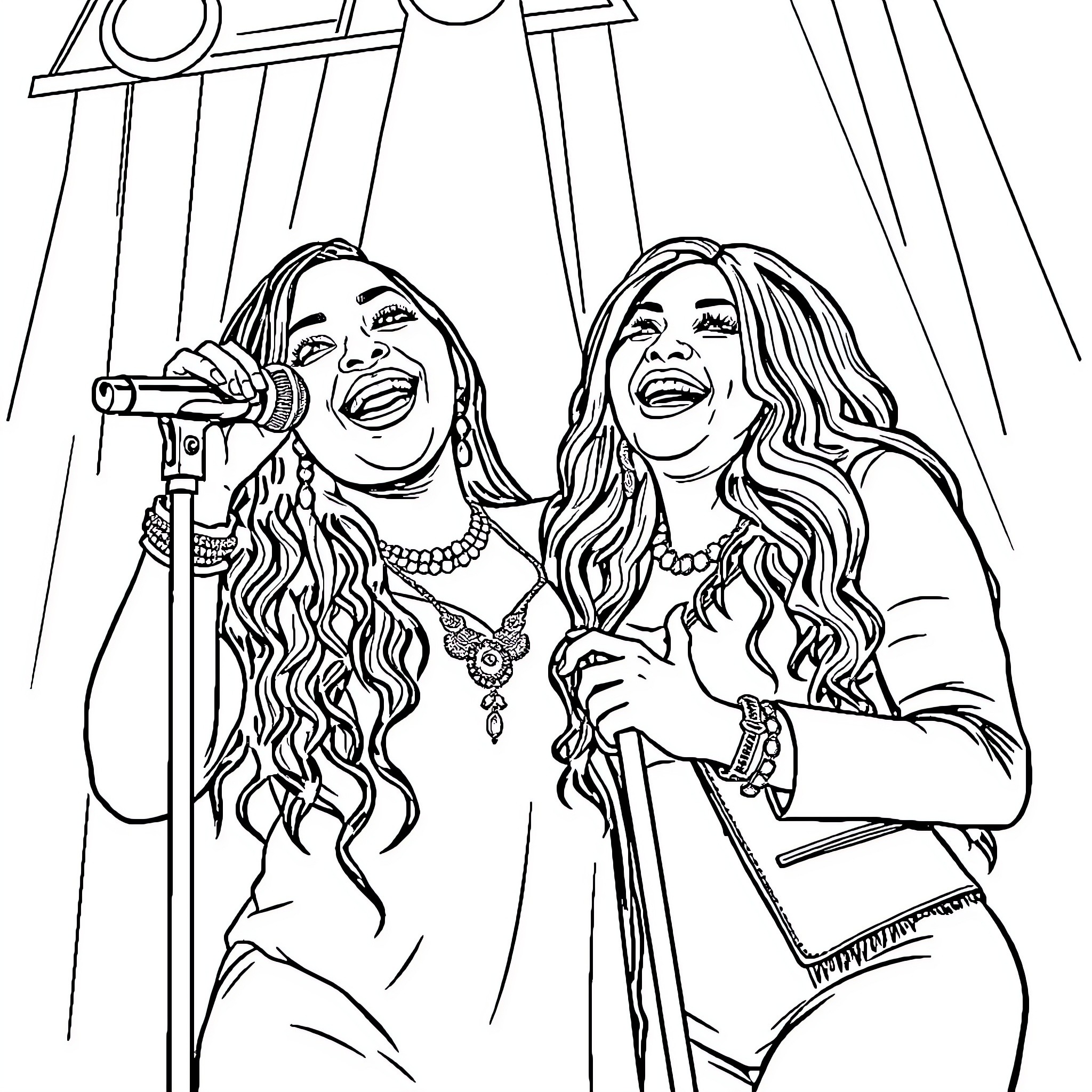 Ashanti Performers on Stage Coloring Page (free black-and-white line drawing printable PDF for all, from beginners to advanced learners, including children, teens, adults, and seniors)