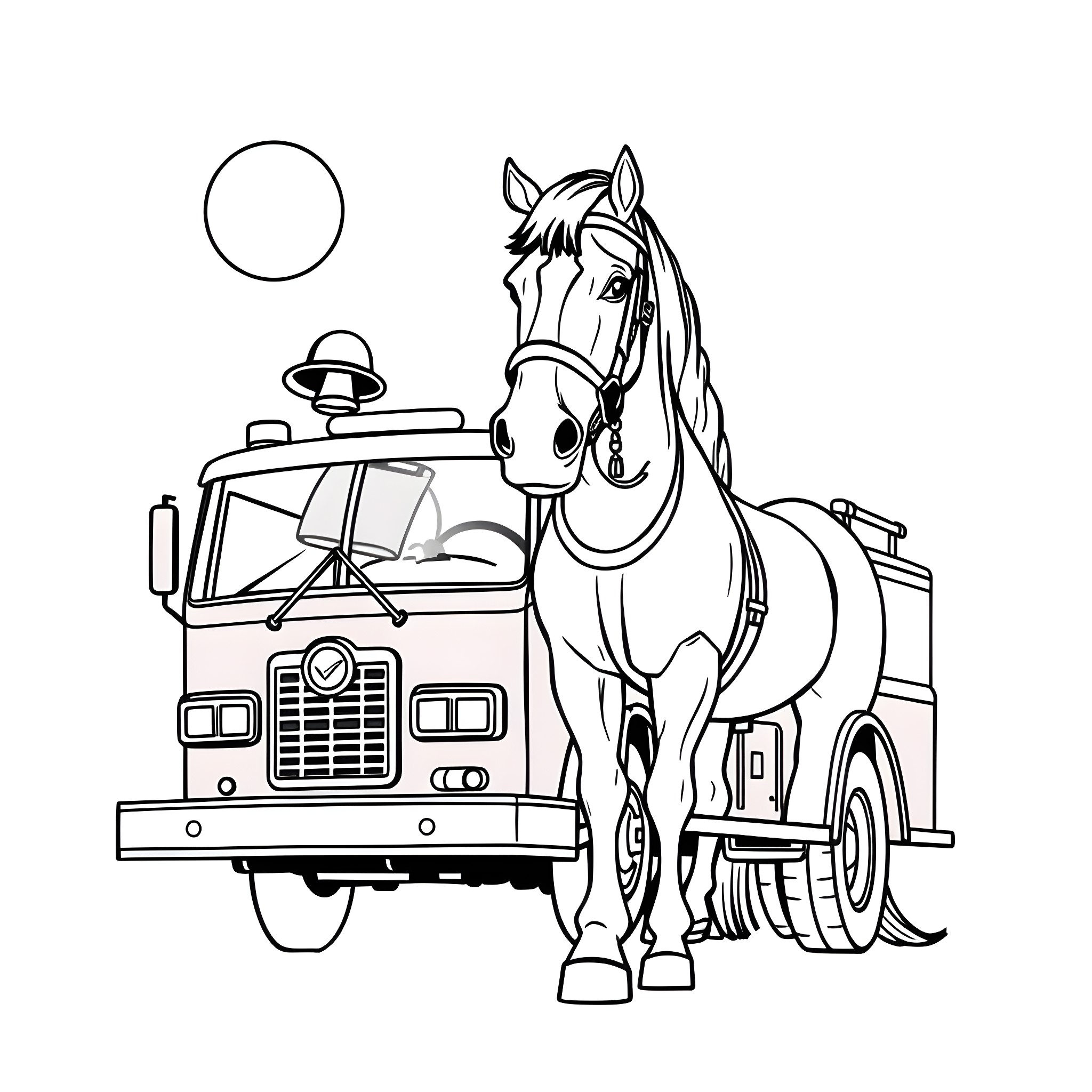Fire Engine Horse Drawing Coloring Page (free black-and-white line drawing printable PDF for all, from beginners to advanced learners, including children, teens, adults, and seniors)