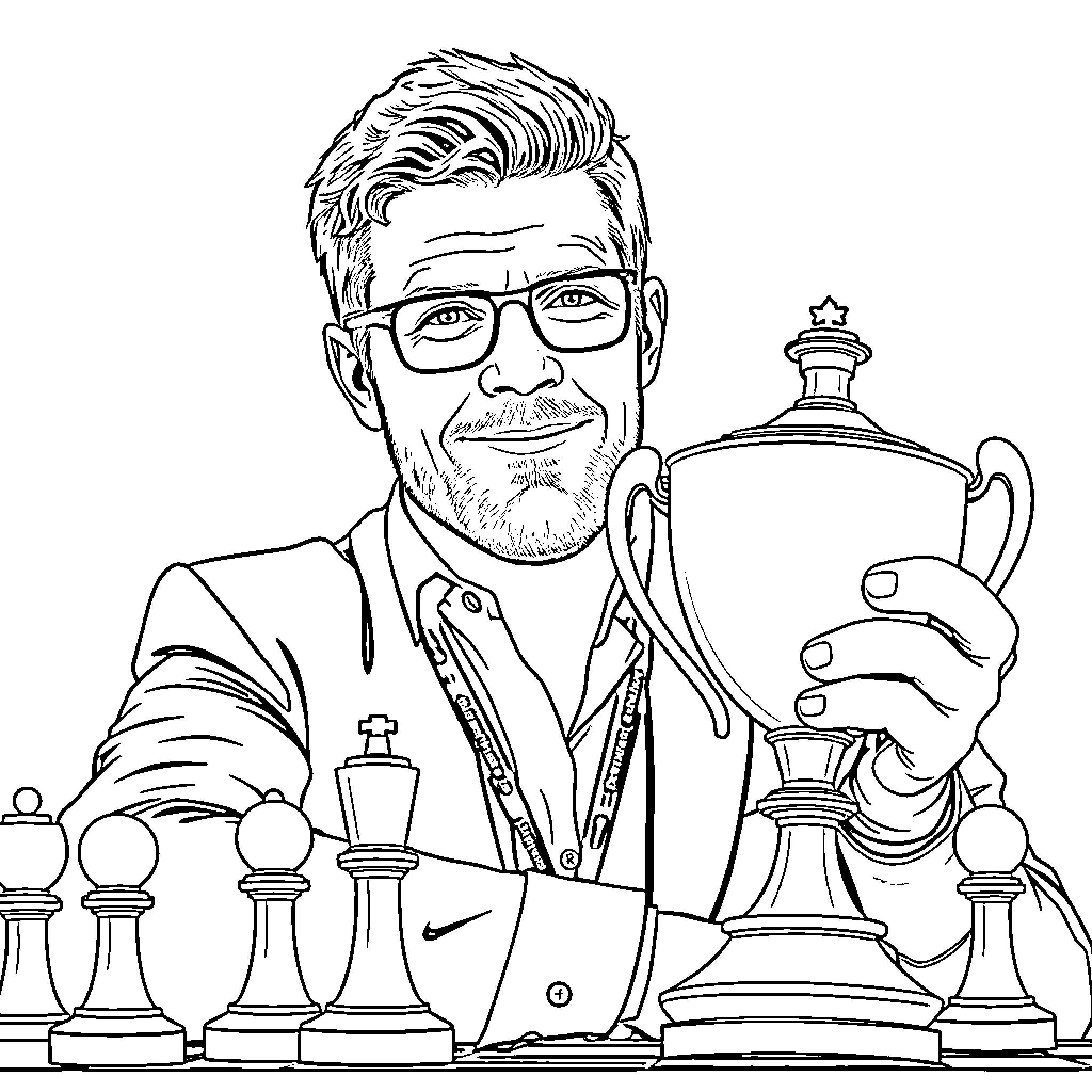Magnus Carlsen holding chess trophy amid chess pieces Coloring Page (free black-and-white line drawing printable PDF for all, from beginners to advanced learners, including children, teens, adults, and seniors)