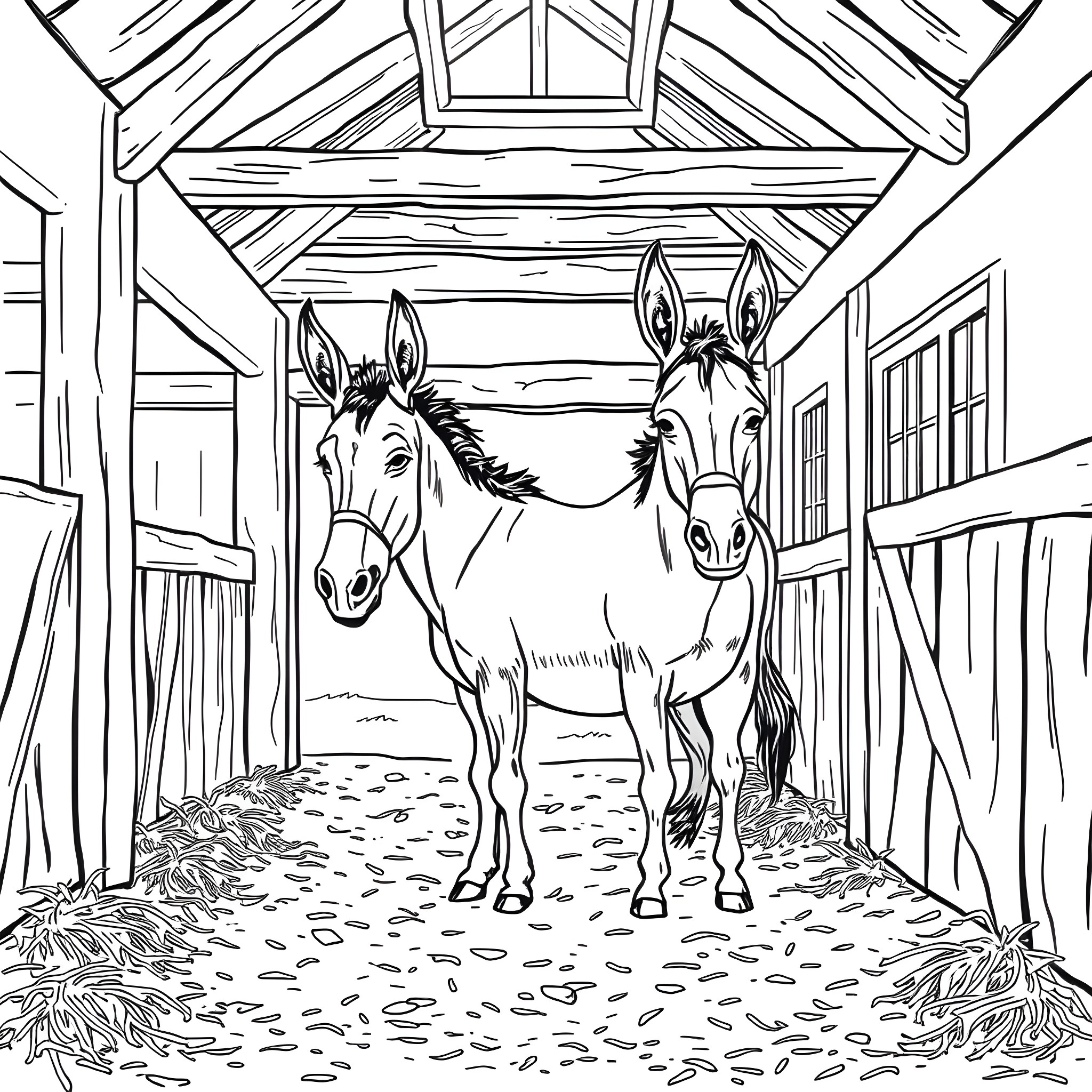 Donkey pair standing in a wooden barn Coloring Page (free black-and-white line drawing printable PDF for all, from beginners to advanced learners, including children, teens, adults, and seniors)