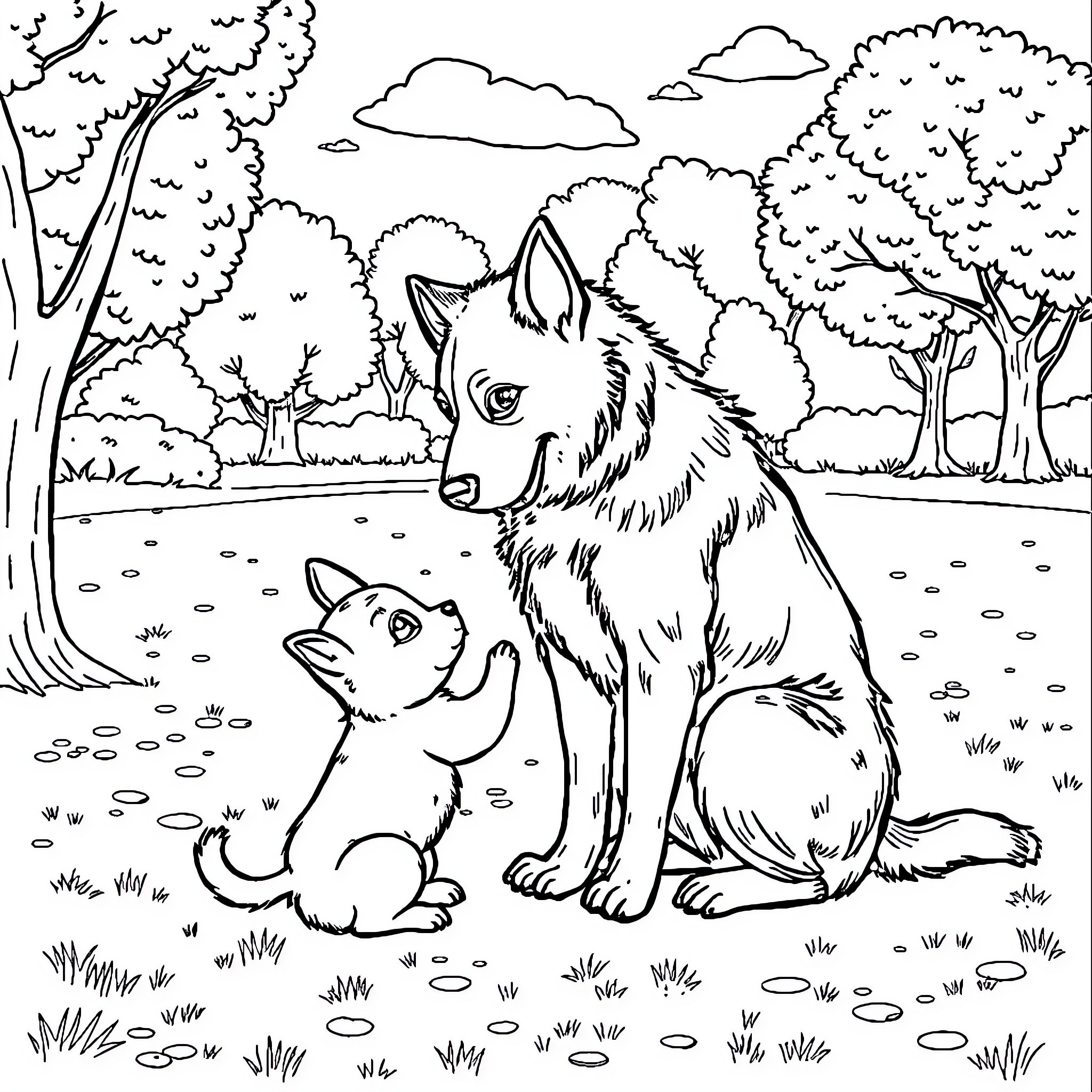 Puppy and wolf exploring the forest Coloring Page (free black-and-white line drawing printable PDF for all, from beginners to advanced learners, including children, teens, adults, and seniors)