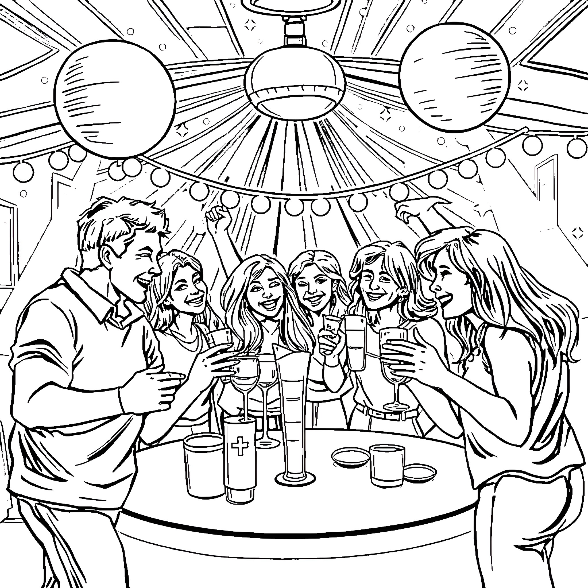 Team Celebrating at a Party Coloring Page (free black-and-white line drawing printable PDF for all, from beginners to advanced learners, including children, teens, adults, and seniors)