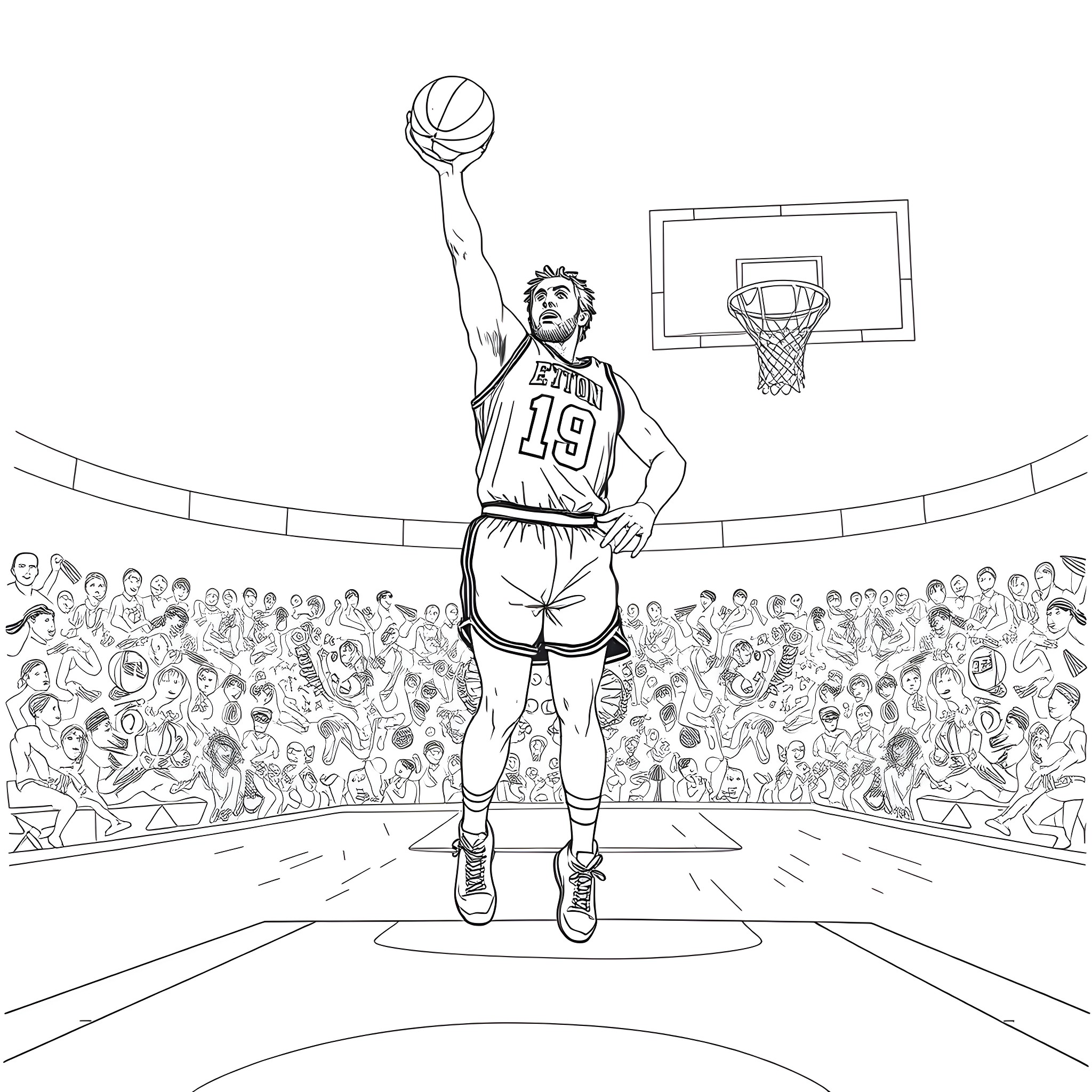 Mark Eaton shooting a basketball in a crowded stadium Coloring Page (free black-and-white line drawing printable PDF for all, from beginners to advanced learners, including children, teens, adults, and seniors)