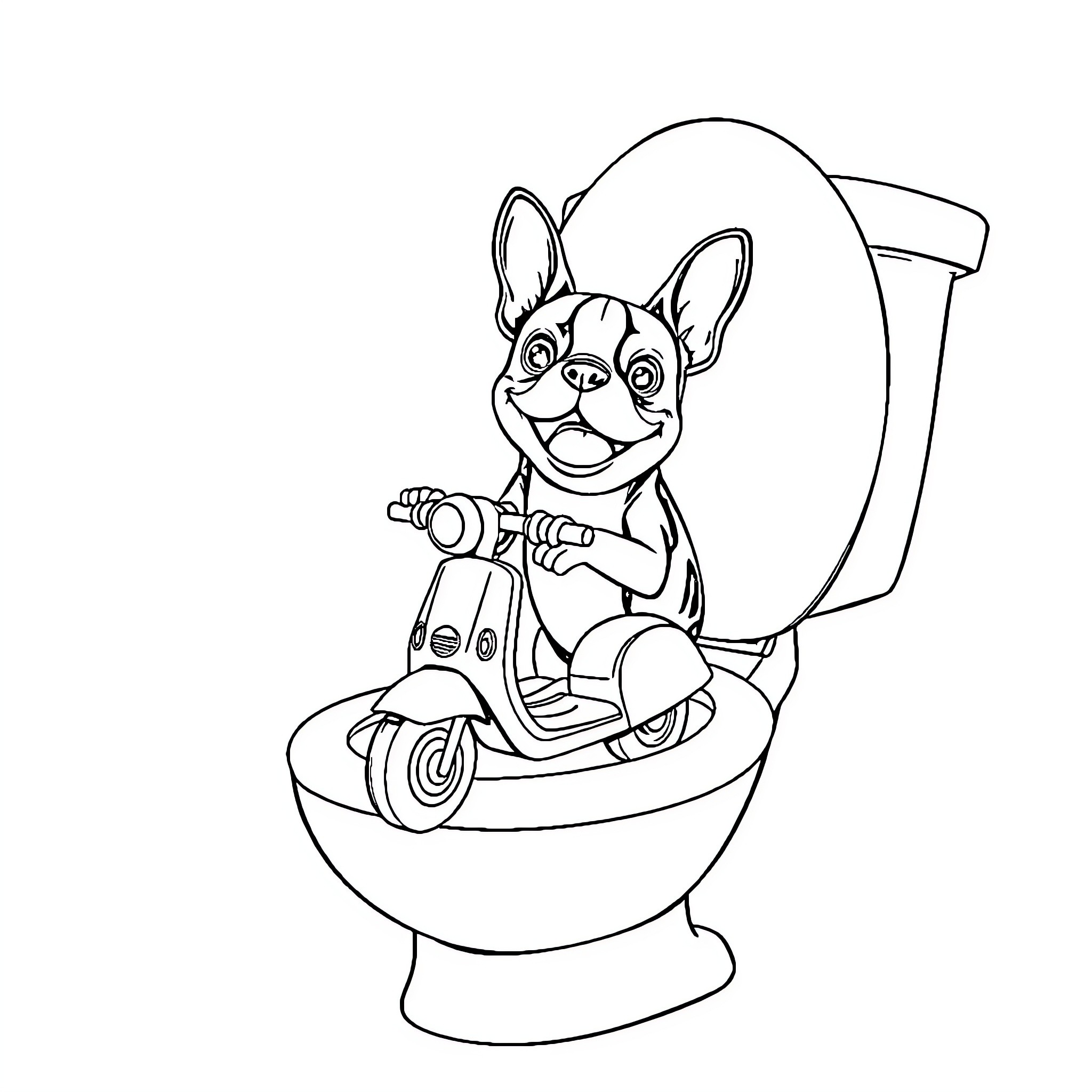 Boston Terrier riding scooter in toilet bowl Coloring Page (free black-and-white line drawing printable PDF for all, from beginners to advanced learners, including children, teens, adults, and seniors)