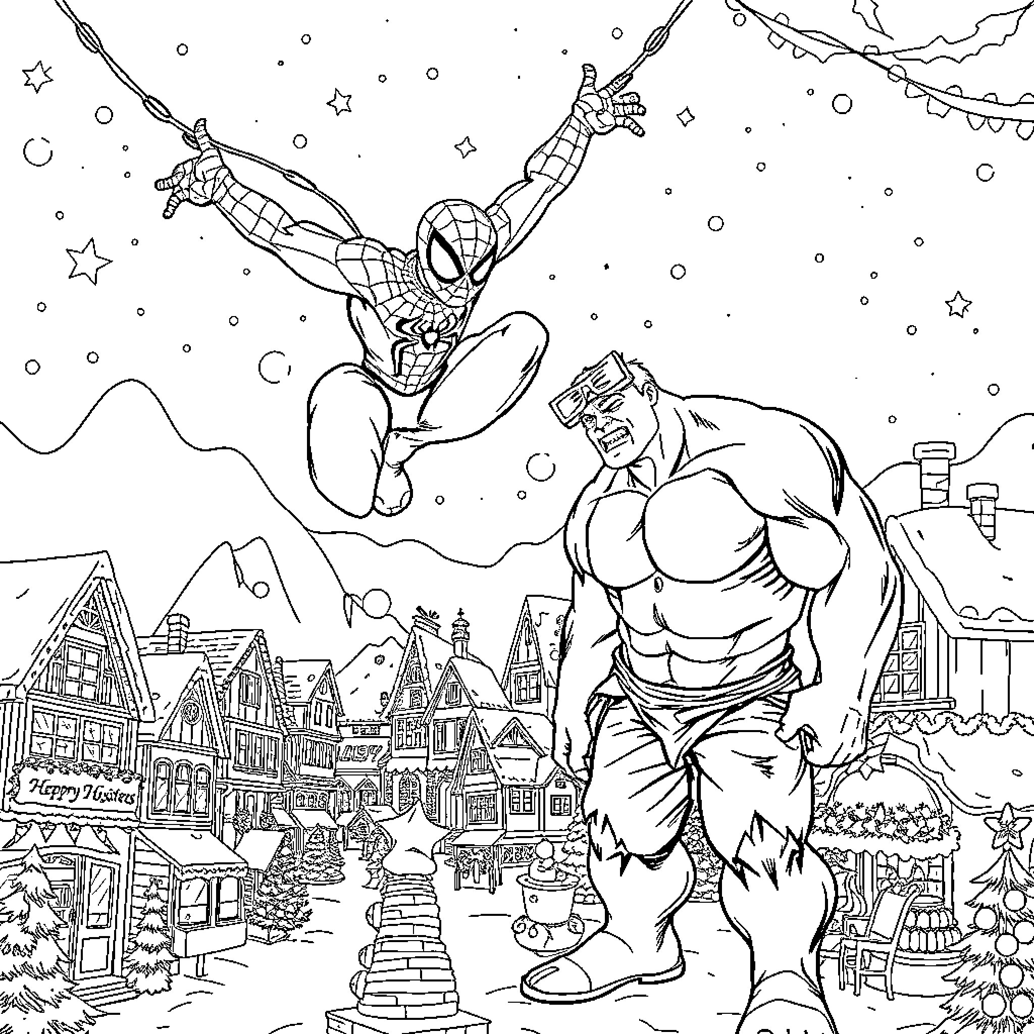 Spider-Man swinging heroically in snowy town against Hulk Coloring Page (free black-and-white line drawing printable PDF for all, from beginners to advanced learners, including children, teens, adults, and seniors)