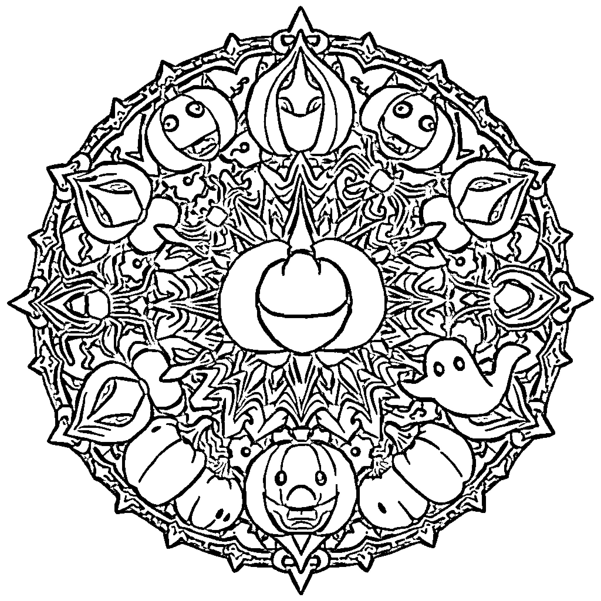 Halloween Mandala with Spooky Characters Coloring Page (free black-and-white line drawing printable PDF for all, from beginners to advanced learners, including children, teens, adults, and seniors)