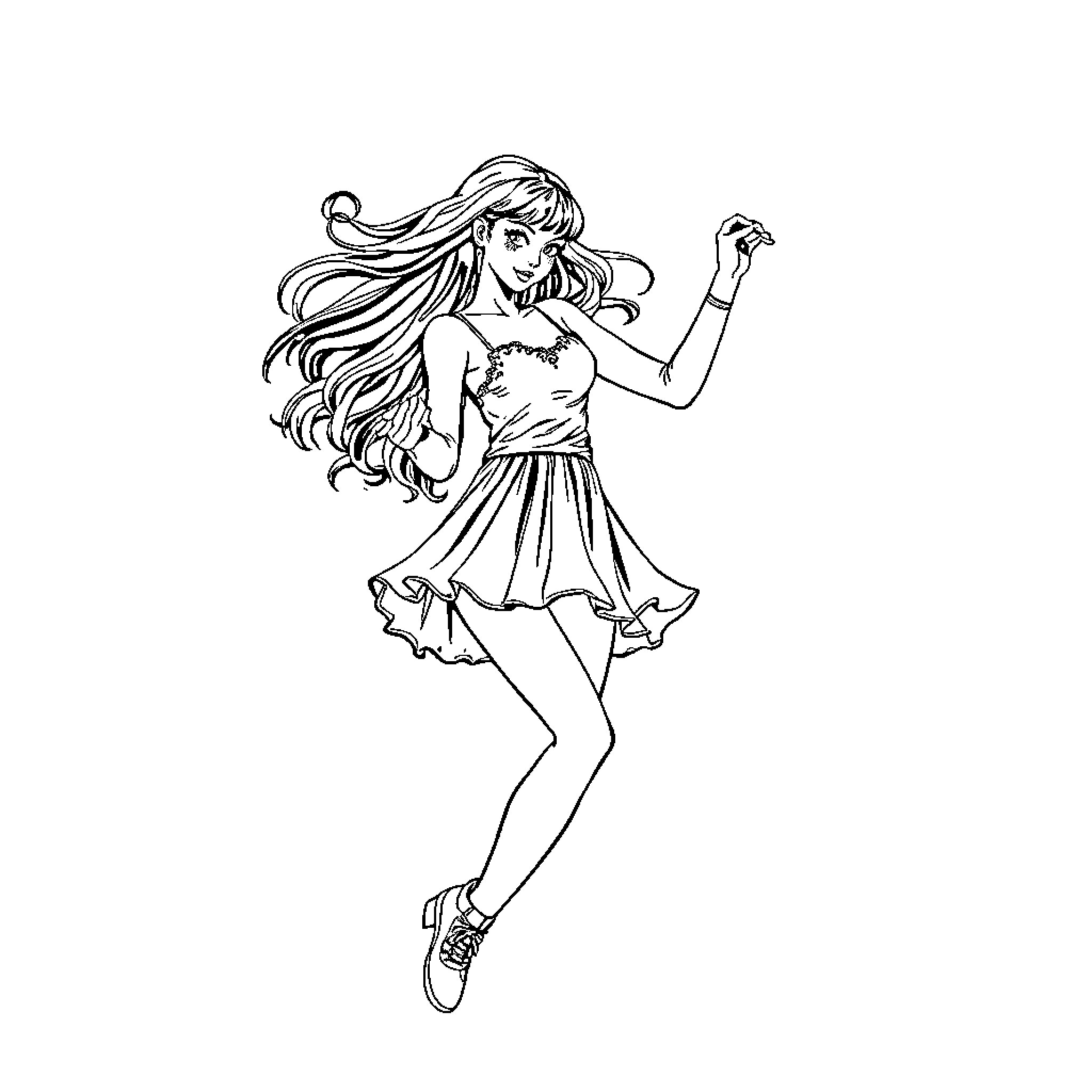 Zoë dancing gracefully in a whimsical outfit Coloring Page (free black-and-white line drawing printable PDF for all, from beginners to advanced learners, including children, teens, adults, and seniors)