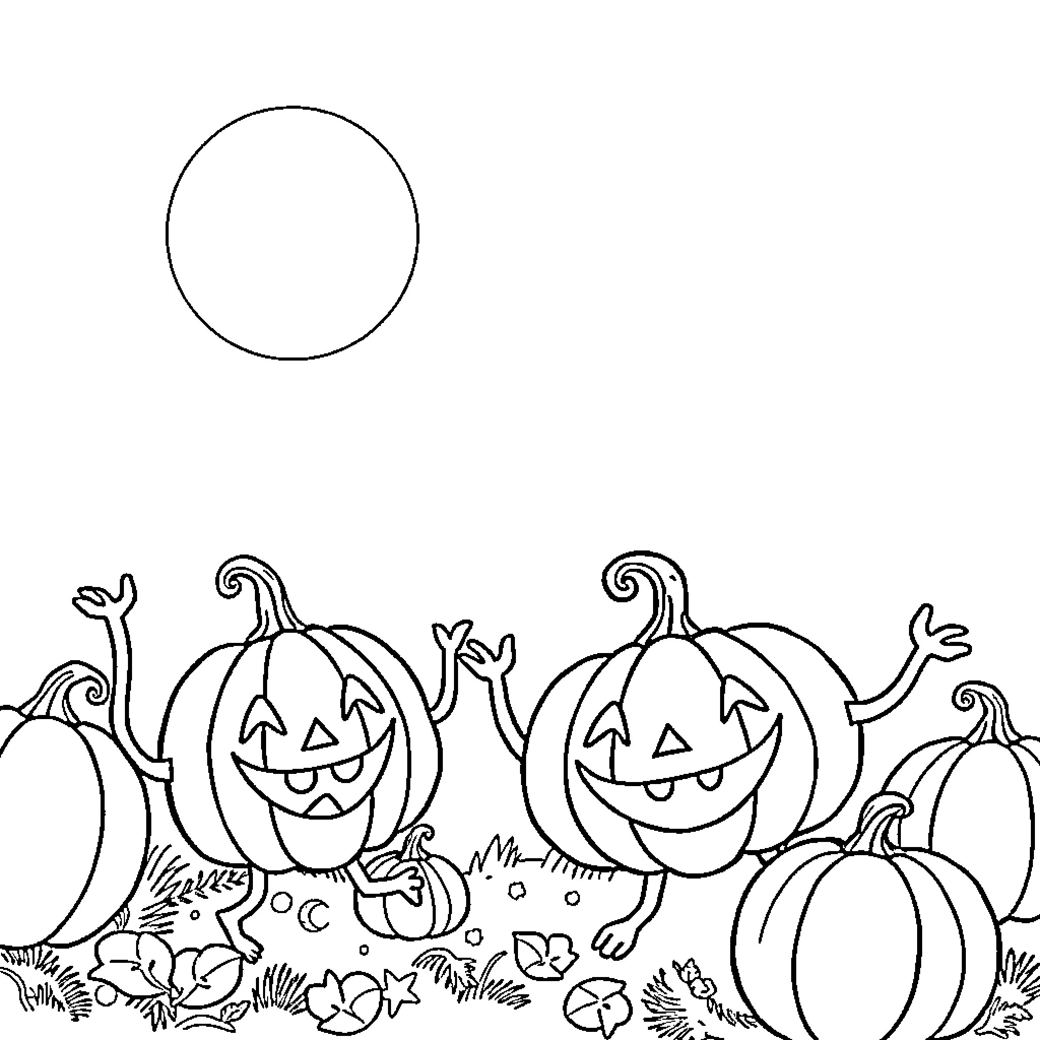 Pumpkin patch with jack-o-lanterns and fall foliage Coloring Page (free black-and-white line drawing printable PDF for all, from beginners to advanced learners, including children, teens, adults, and seniors)