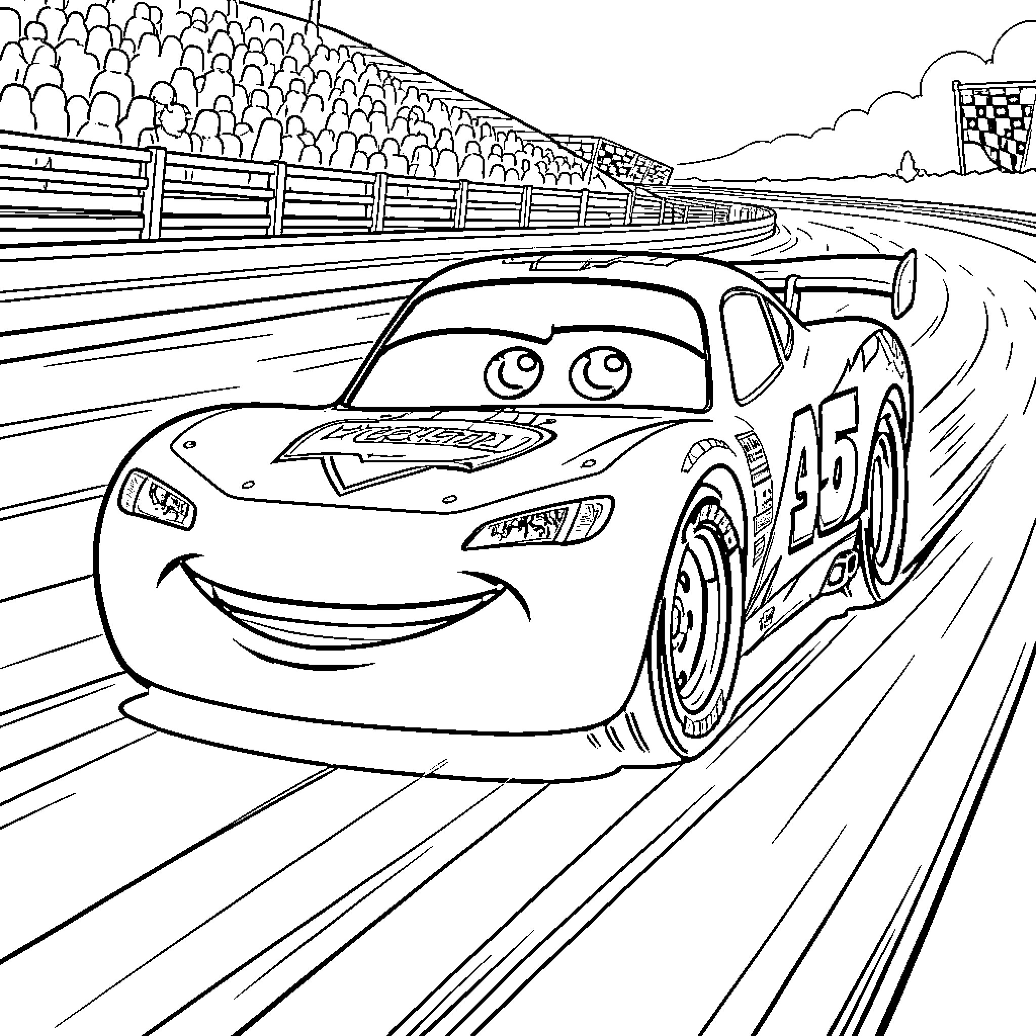 Lightning McQueen racing on the track with crowds Coloring Page (free black-and-white line drawing printable PDF for all, from beginners to advanced learners, including children, teens, adults, and seniors)