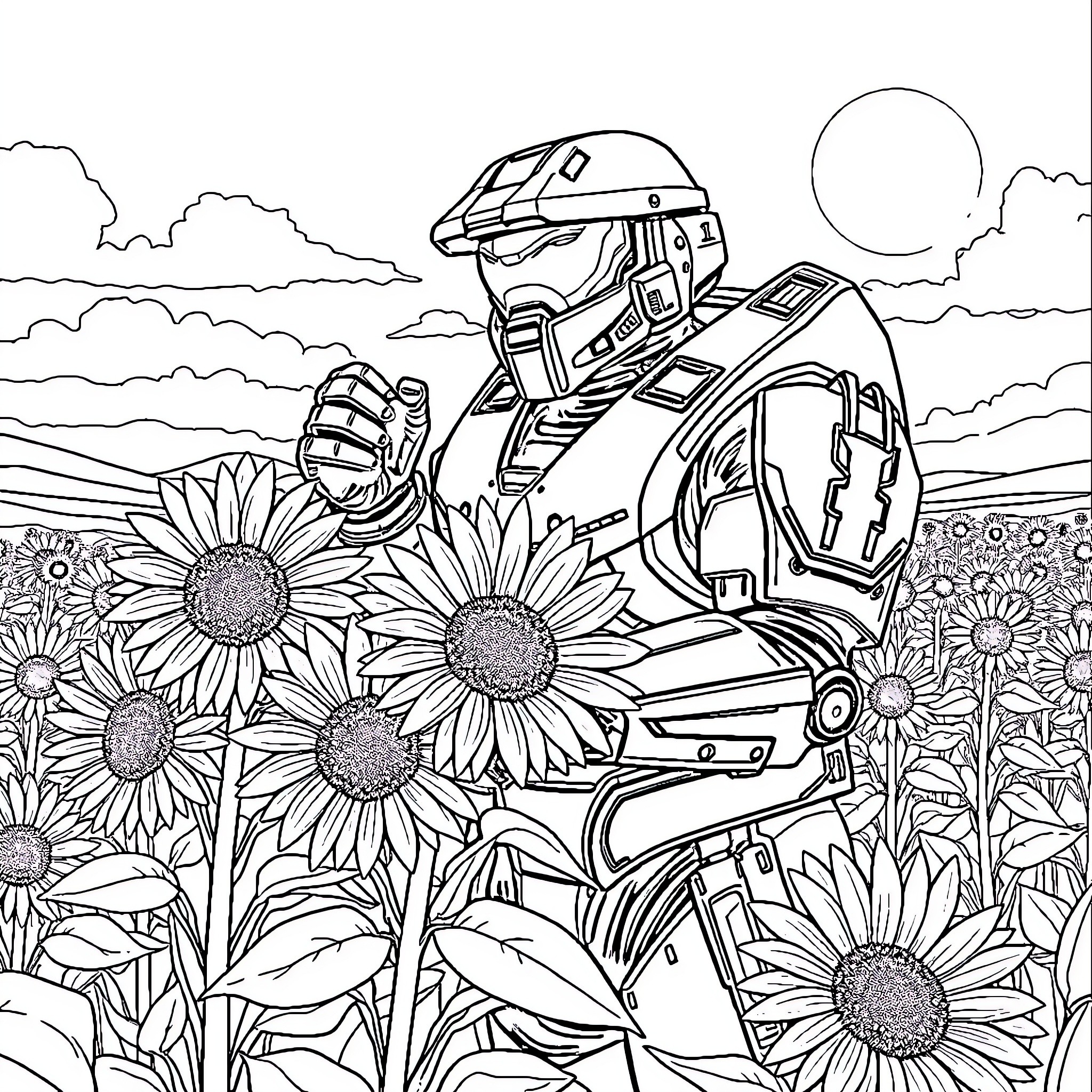 Halo Warrior Exploring Sunflower Field Coloring Page (free black-and-white line drawing printable PDF for all, from beginners to advanced learners, including children, teens, adults, and seniors)