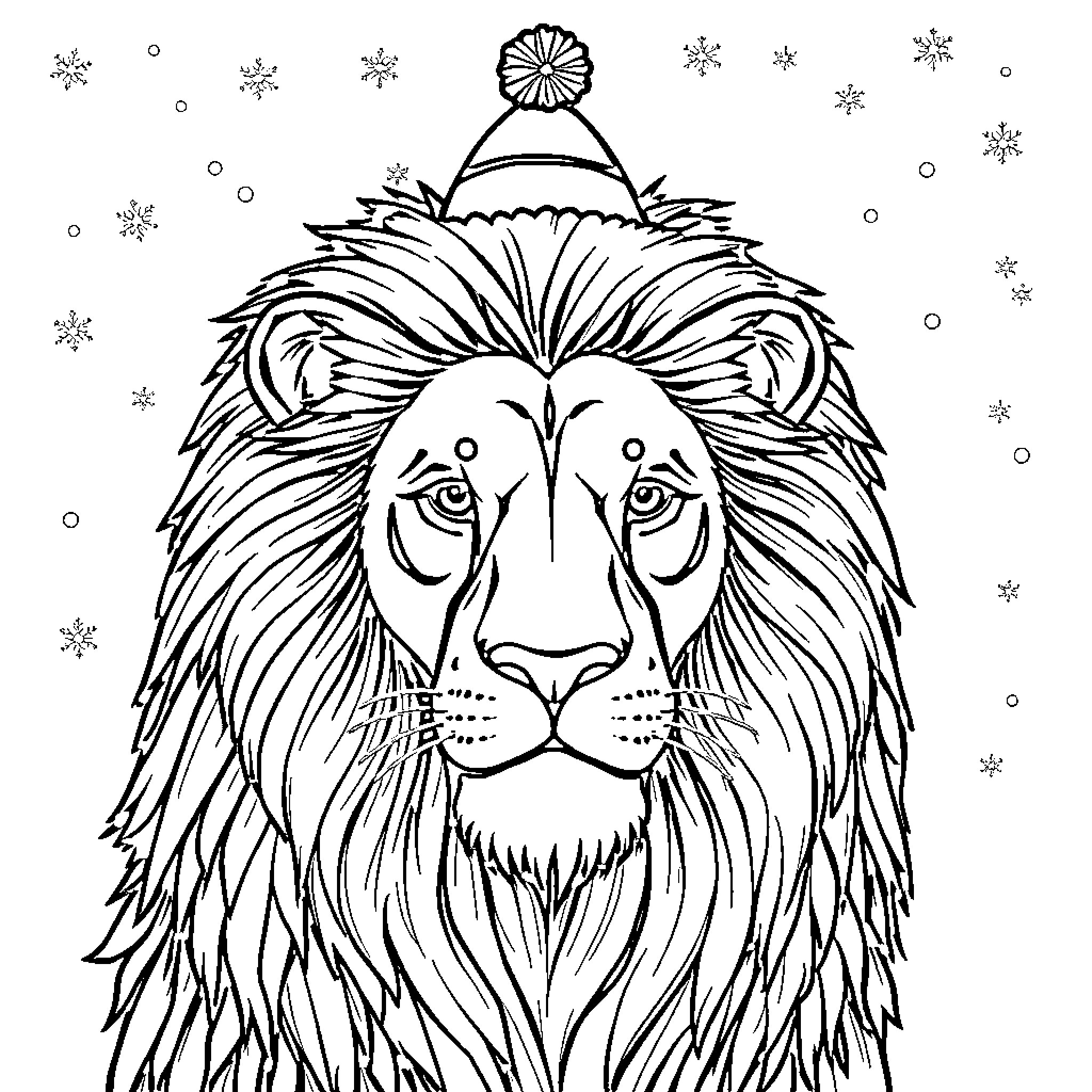 Lion wearing a winter hat in the snow Coloring Page (free black-and-white line drawing printable PDF for all, from beginners to advanced learners, including children, teens, adults, and seniors)
