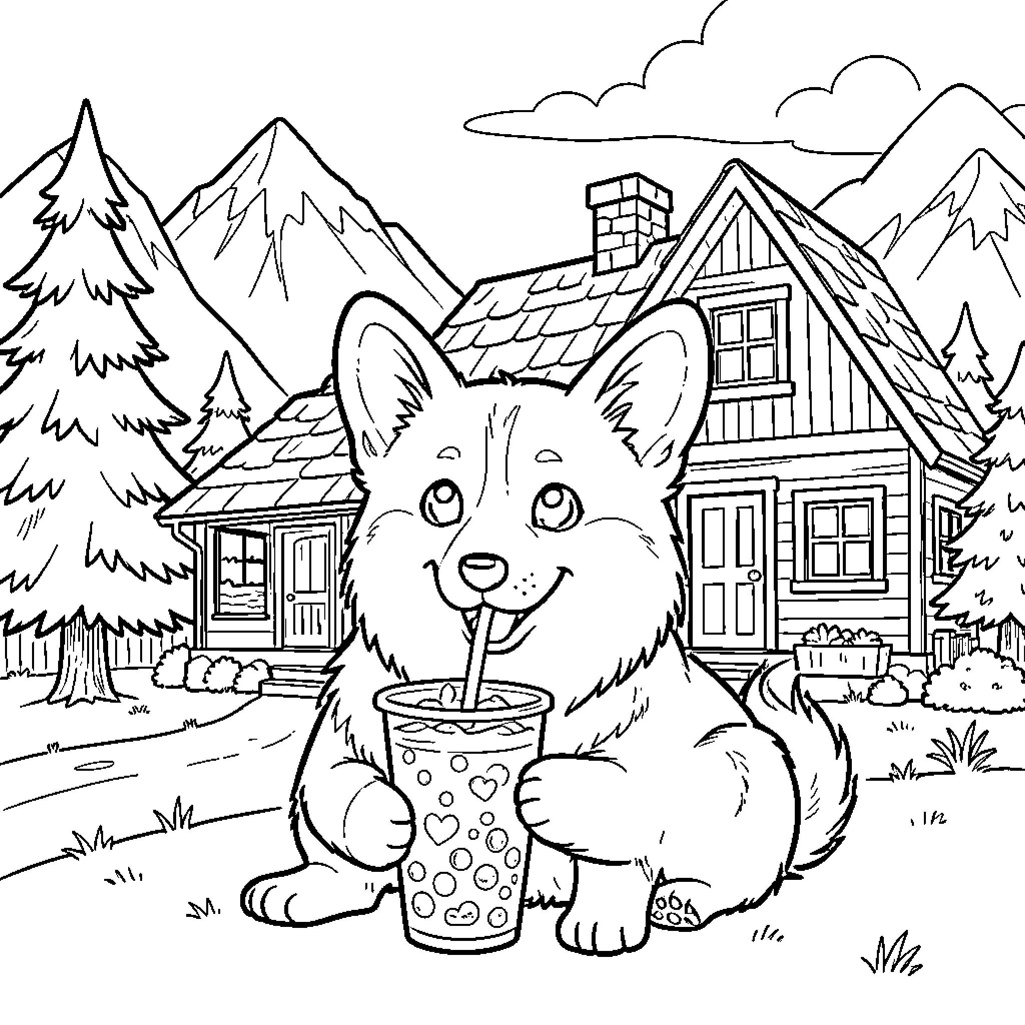 Corgi enjoying a refreshing drink in the mountain cabin Coloring Page (free black-and-white line drawing printable PDF for all, from beginners to advanced learners, including children, teens, adults, and seniors)
