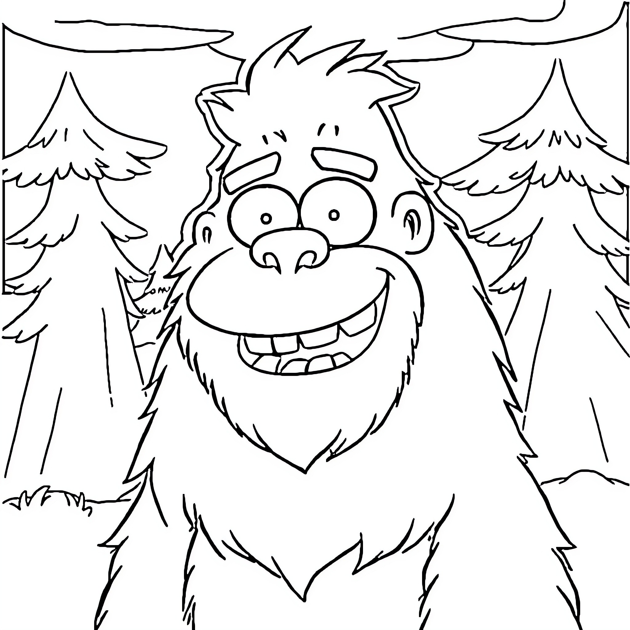 Sasquatch frolicking happily in the forest Coloring Page (free black-and-white line drawing printable PDF for all, from beginners to advanced learners, including children, teens, adults, and seniors)
