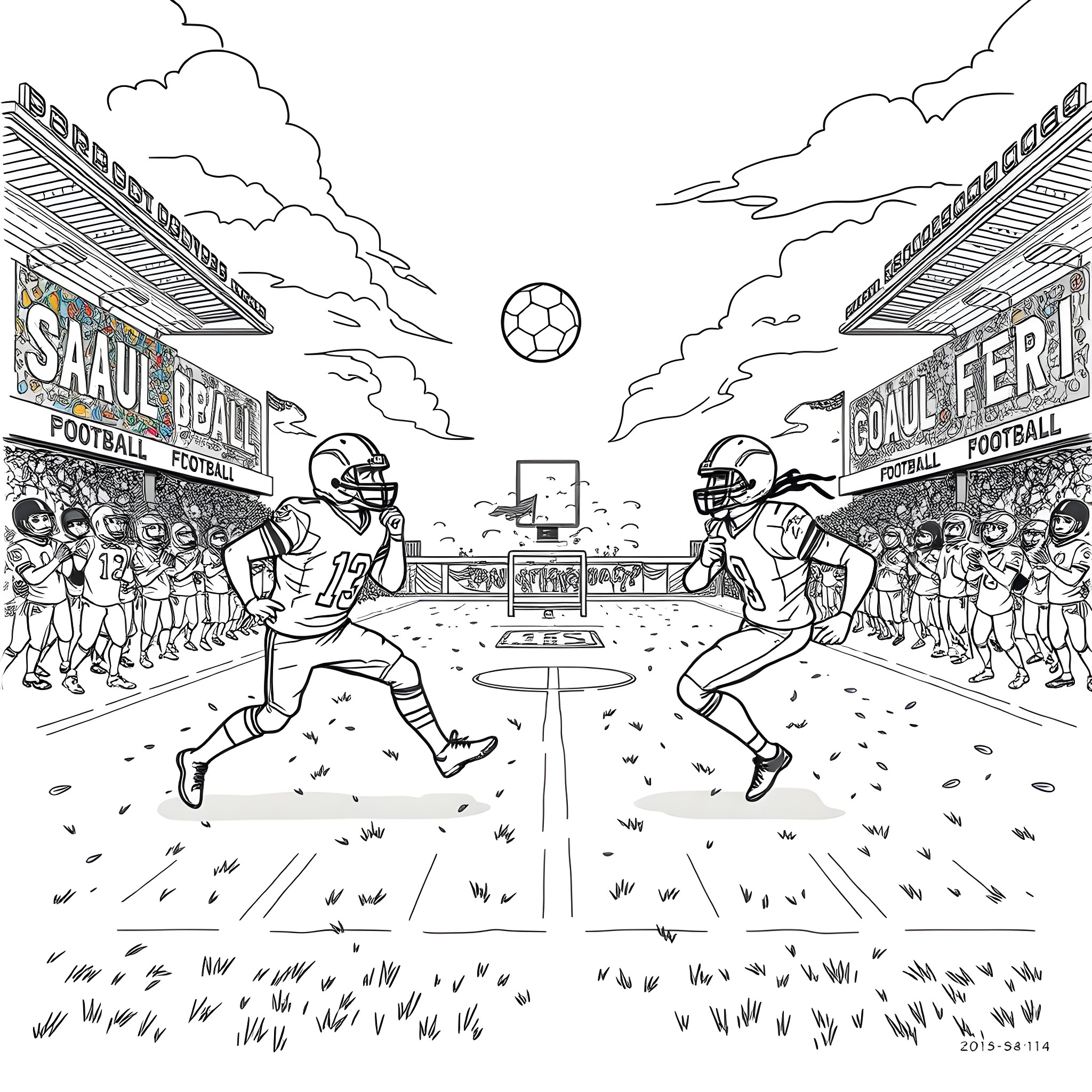 Football players in action on the field Coloring Page (free black-and-white line drawing printable PDF for all, from beginners to advanced learners, including children, teens, adults, and seniors)
