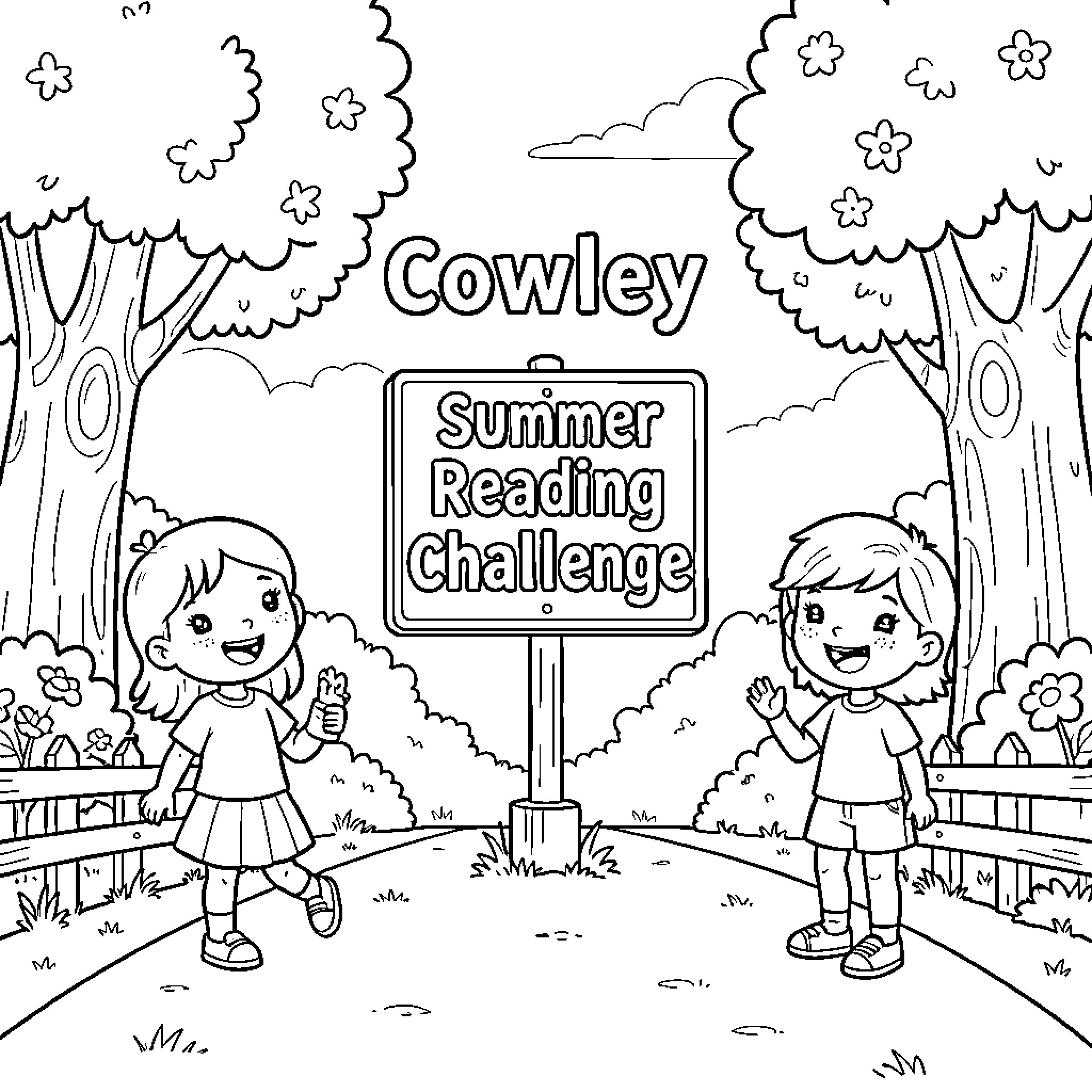 Cowley children smiling excitedly by a summer reading sign Coloring Page (free black-and-white line drawing printable PDF for all, from beginners to advanced learners, including children, teens, adults, and seniors)
