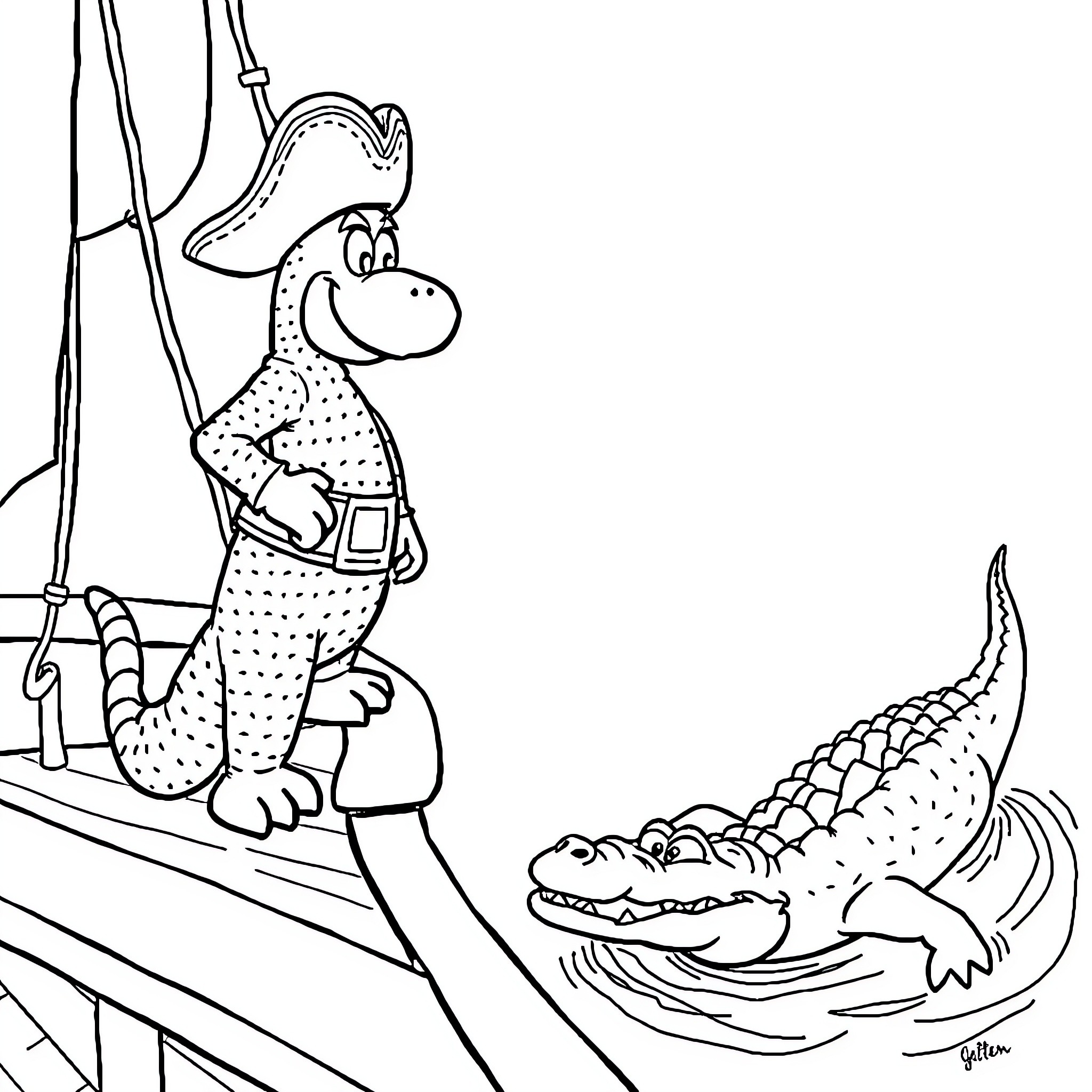 Captain Hook and the Crocodile on a Pirate Ship Coloring Page (free black-and-white line drawing printable PDF for all, from beginners to advanced learners, including children, teens, adults, and seniors)