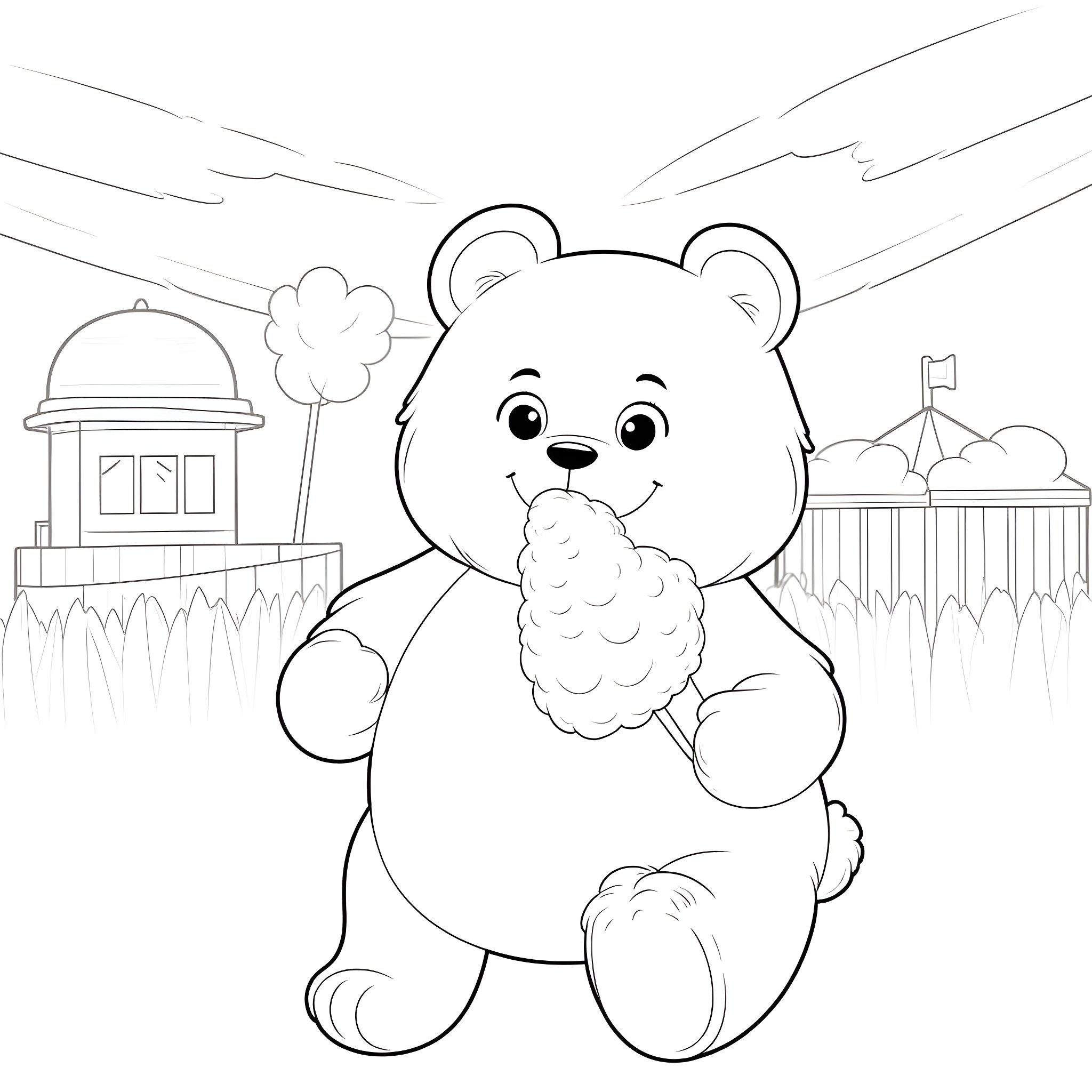 Bear playing with a flower in a park Coloring Page (free black-and-white line drawing printable PDF for all, from beginners to advanced learners, including children, teens, adults, and seniors)