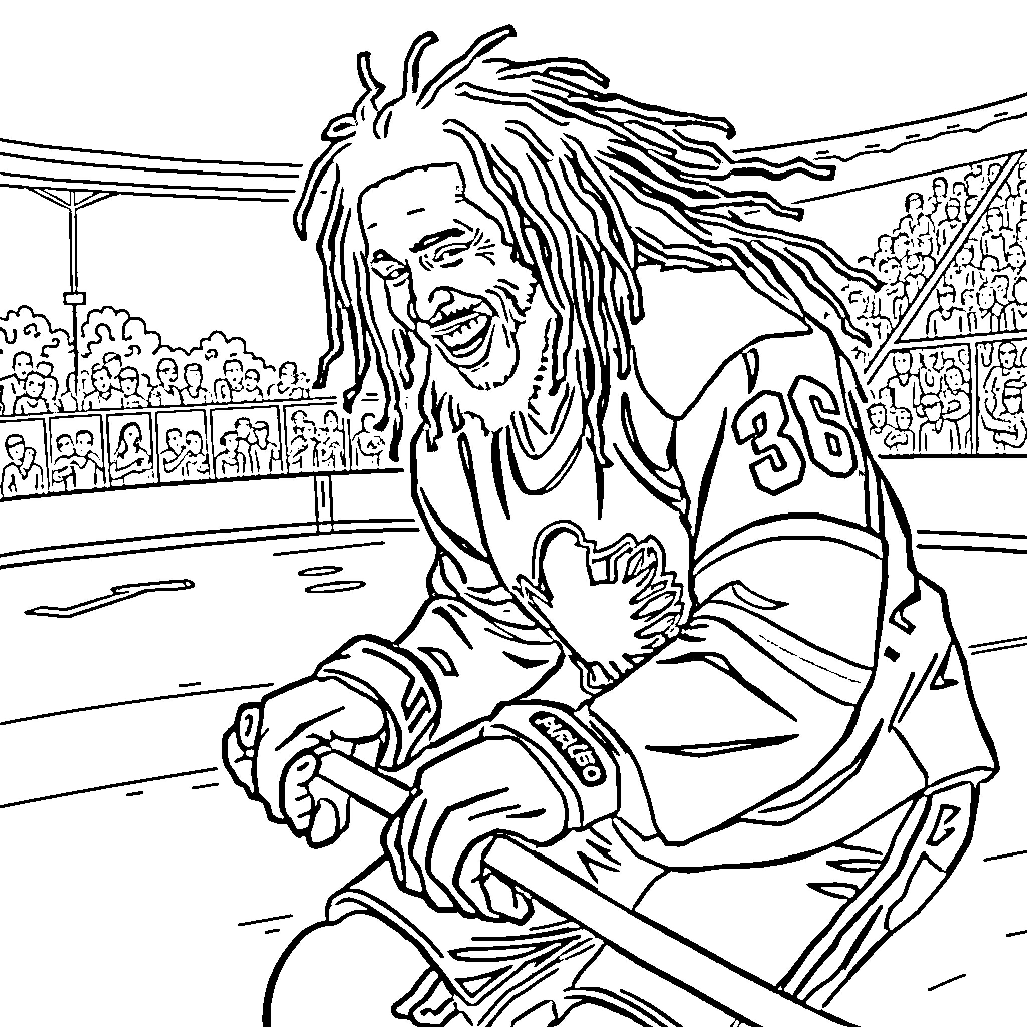 Bob Marley Celebrates Victory on the Basketball Court Coloring Page (free black-and-white line drawing printable PDF for all, from beginners to advanced learners, including children, teens, adults, and seniors)