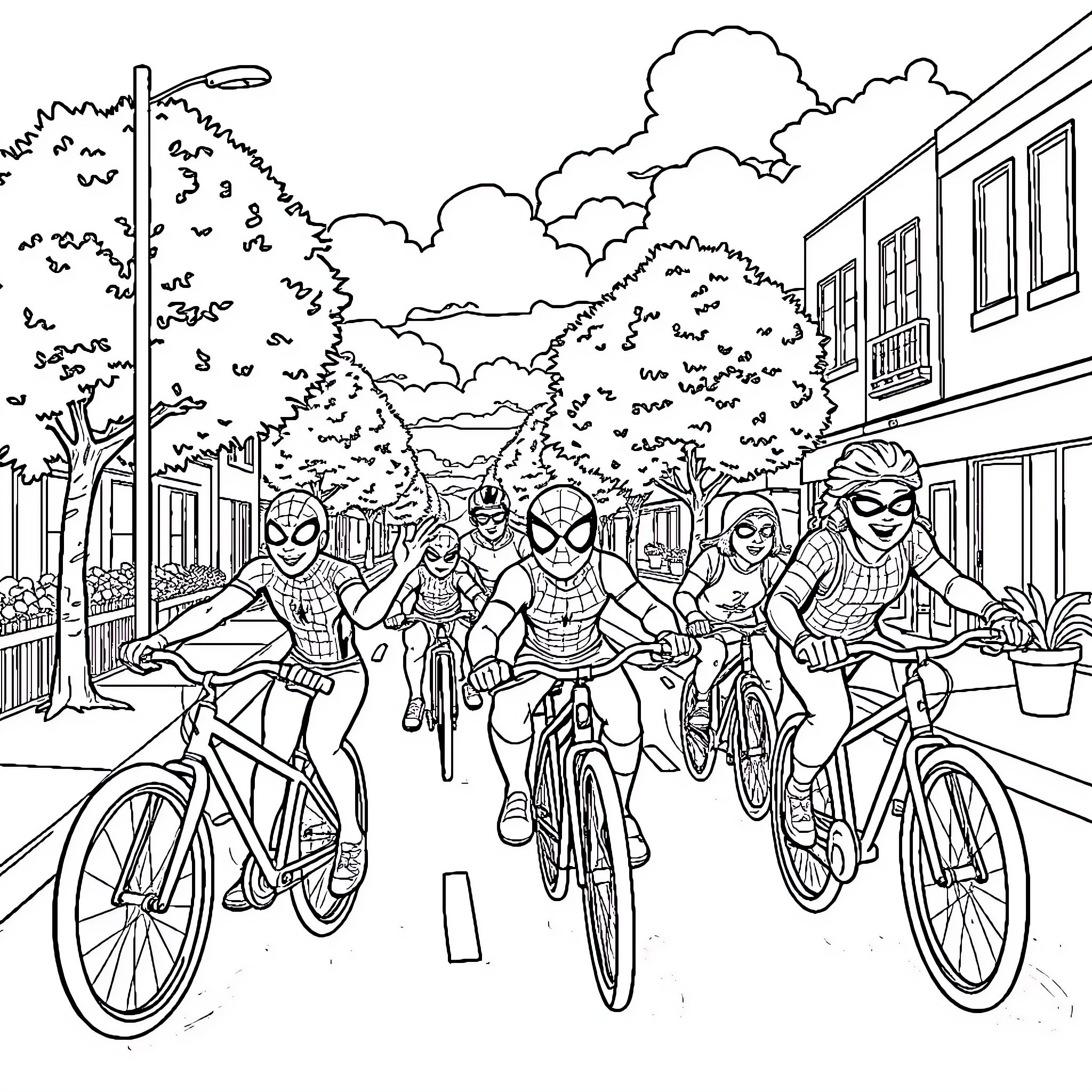 Spider friends bicycling through a vibrant city scene Coloring Page (free black-and-white line drawing printable PDF for all, from beginners to advanced learners, including children, teens, adults, and seniors)