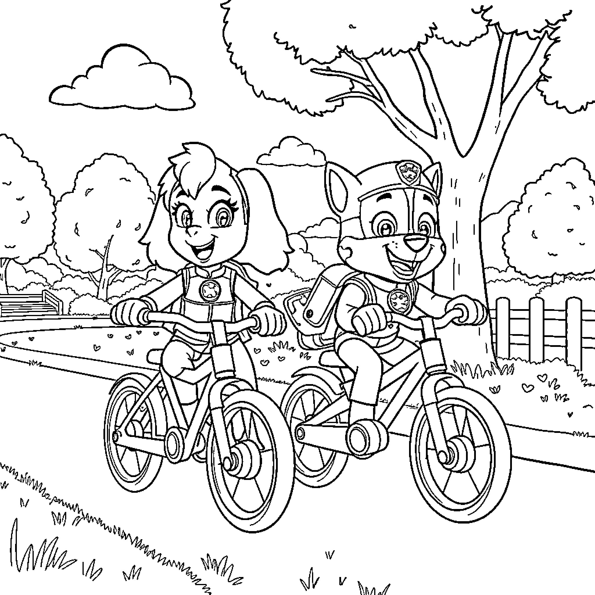 Paw Patrol characters on a bike adventure Coloring Page (free black-and-white line drawing printable PDF for all, from beginners to advanced learners, including children, teens, adults, and seniors)